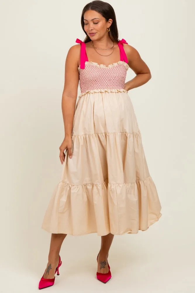 Cream Smocked Contrast Shoulder Tie Maternity Midi Dress sold by Pinkblush product image thumbnail 2
