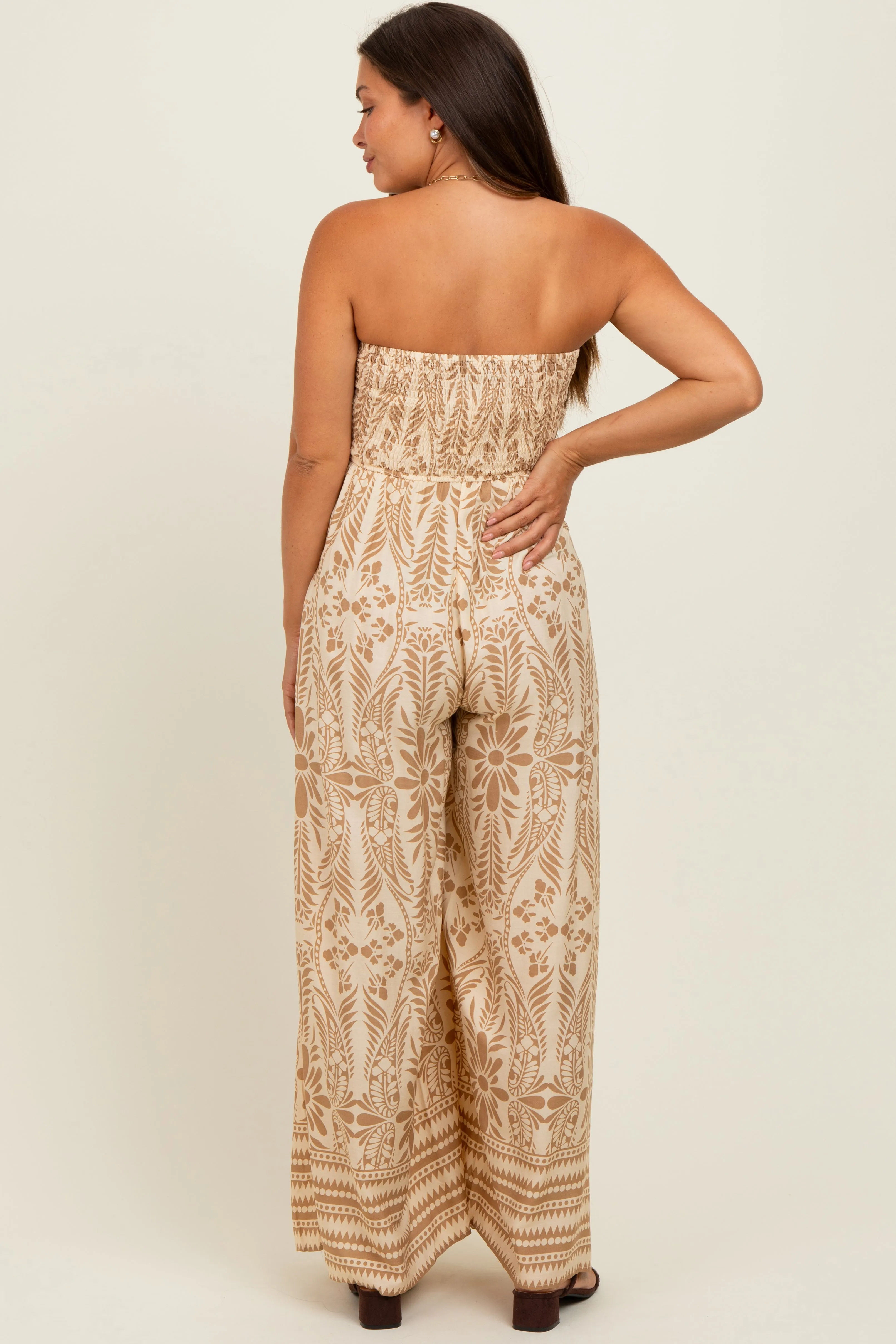 Light Mocha Printed Strapless Front Tie Maternity Jumpsuit sold by Pinkblush product image thumbnail 3