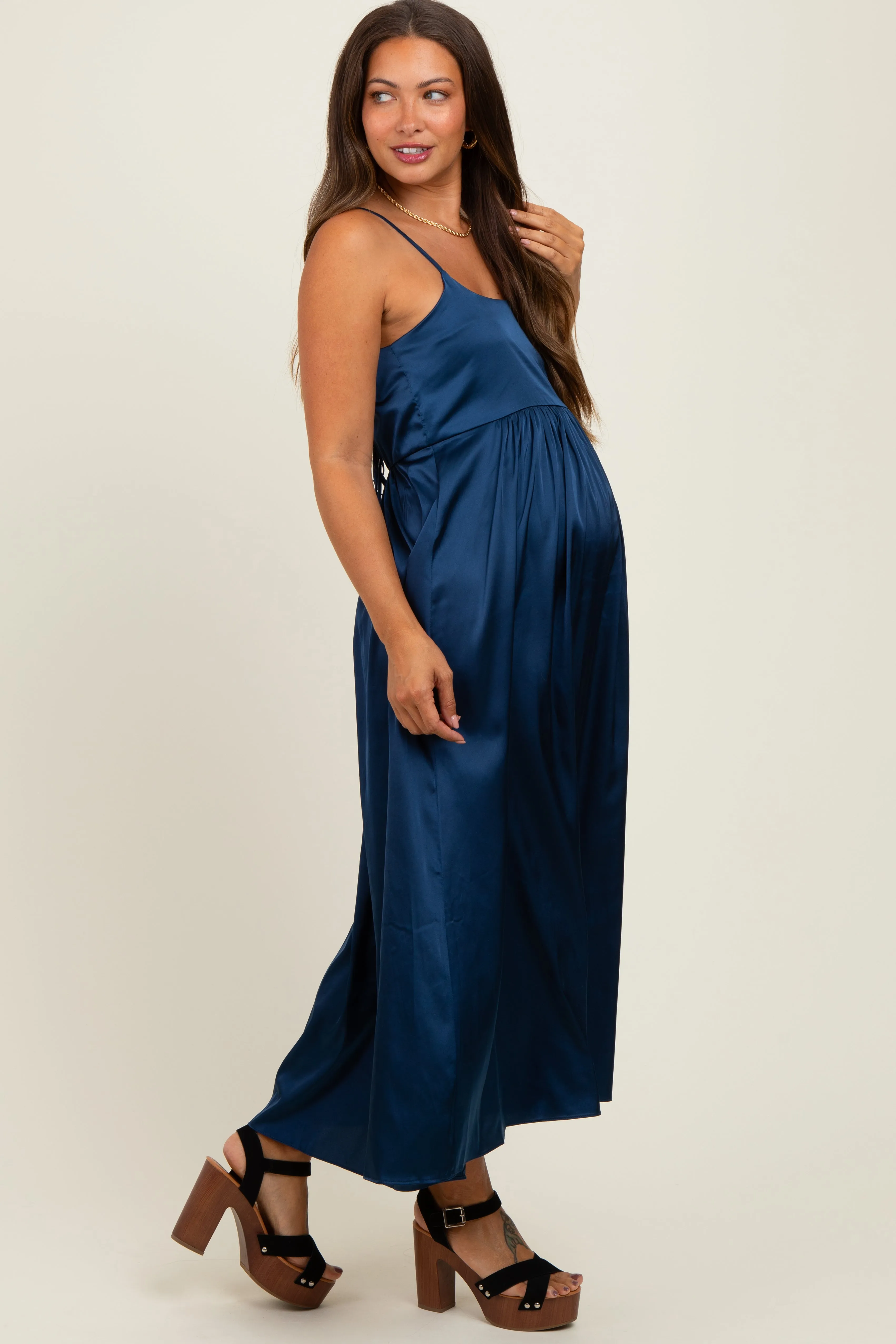 Navy Satin Sleeveless Tie-Back Maternity Midi Dress sold by Pinkblush product image thumbnail 3