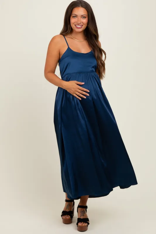 Navy Satin Sleeveless Tie-Back Maternity Midi Dress sold by Pinkblush