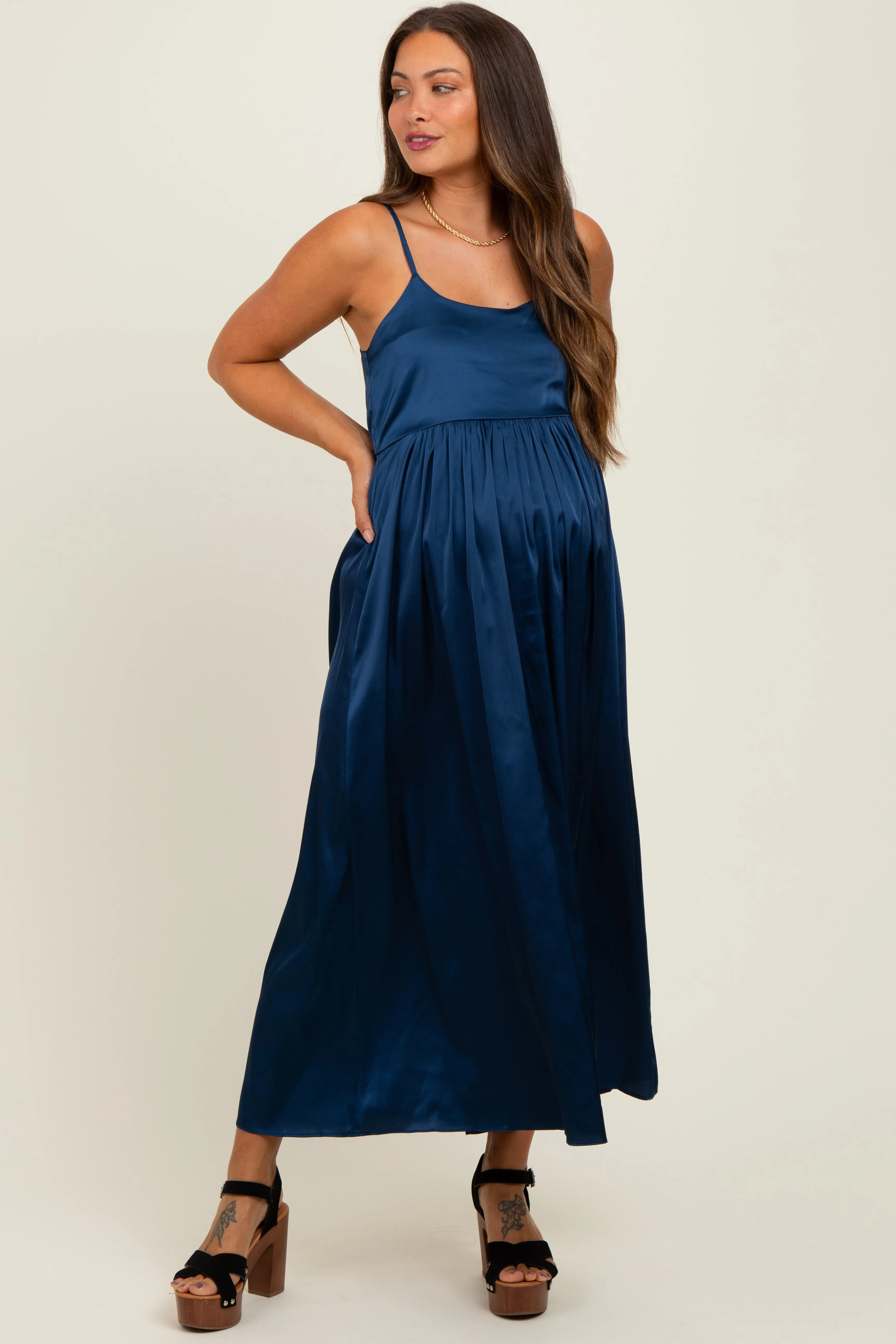 Navy Satin Sleeveless Tie-Back Maternity Midi Dress sold by Pinkblush product image thumbnail 2