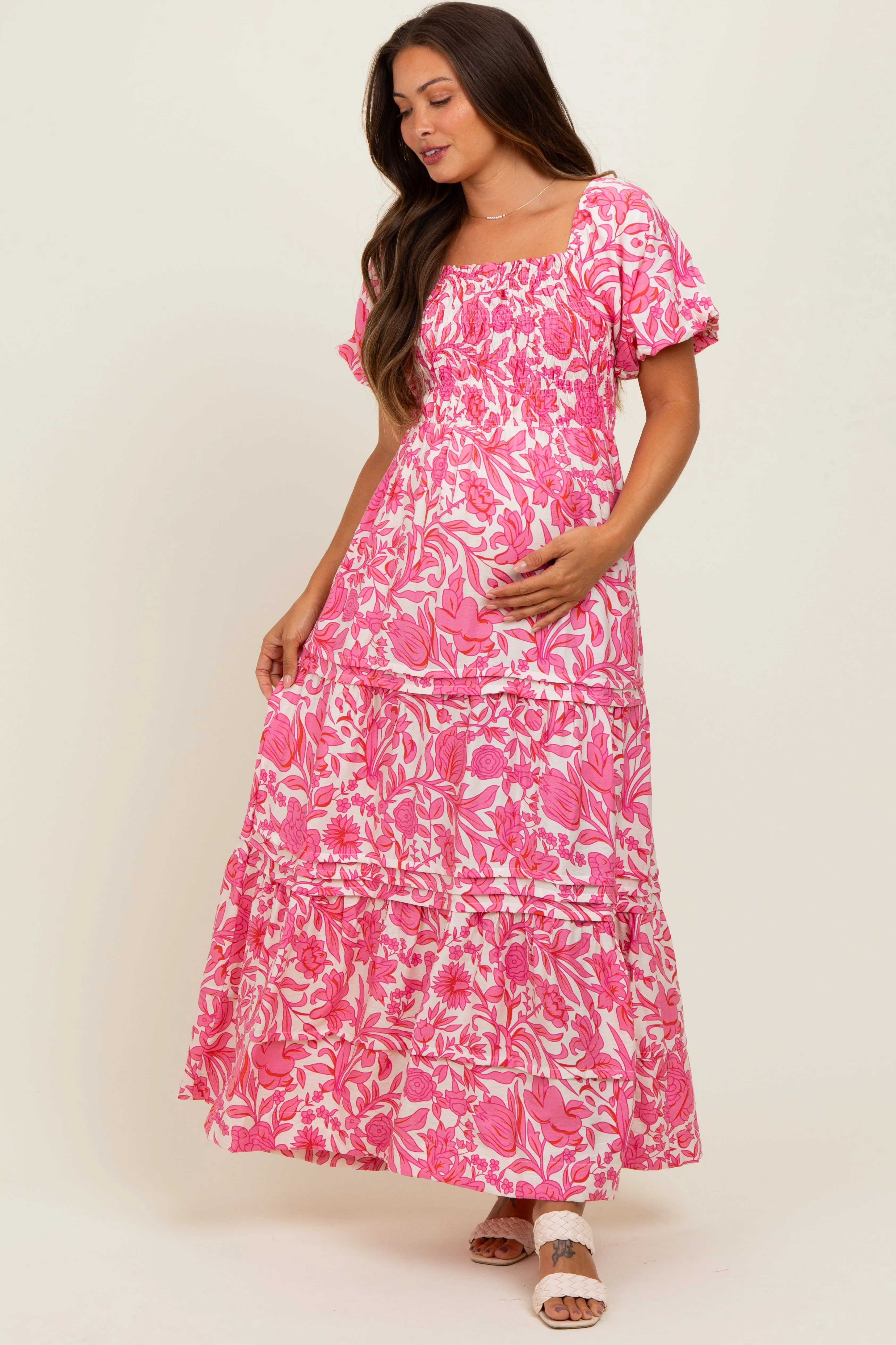 Pink Floral Smocked Puff Sleeve Maternity Maxi Dress sold by Pinkblush product image thumbnail 2