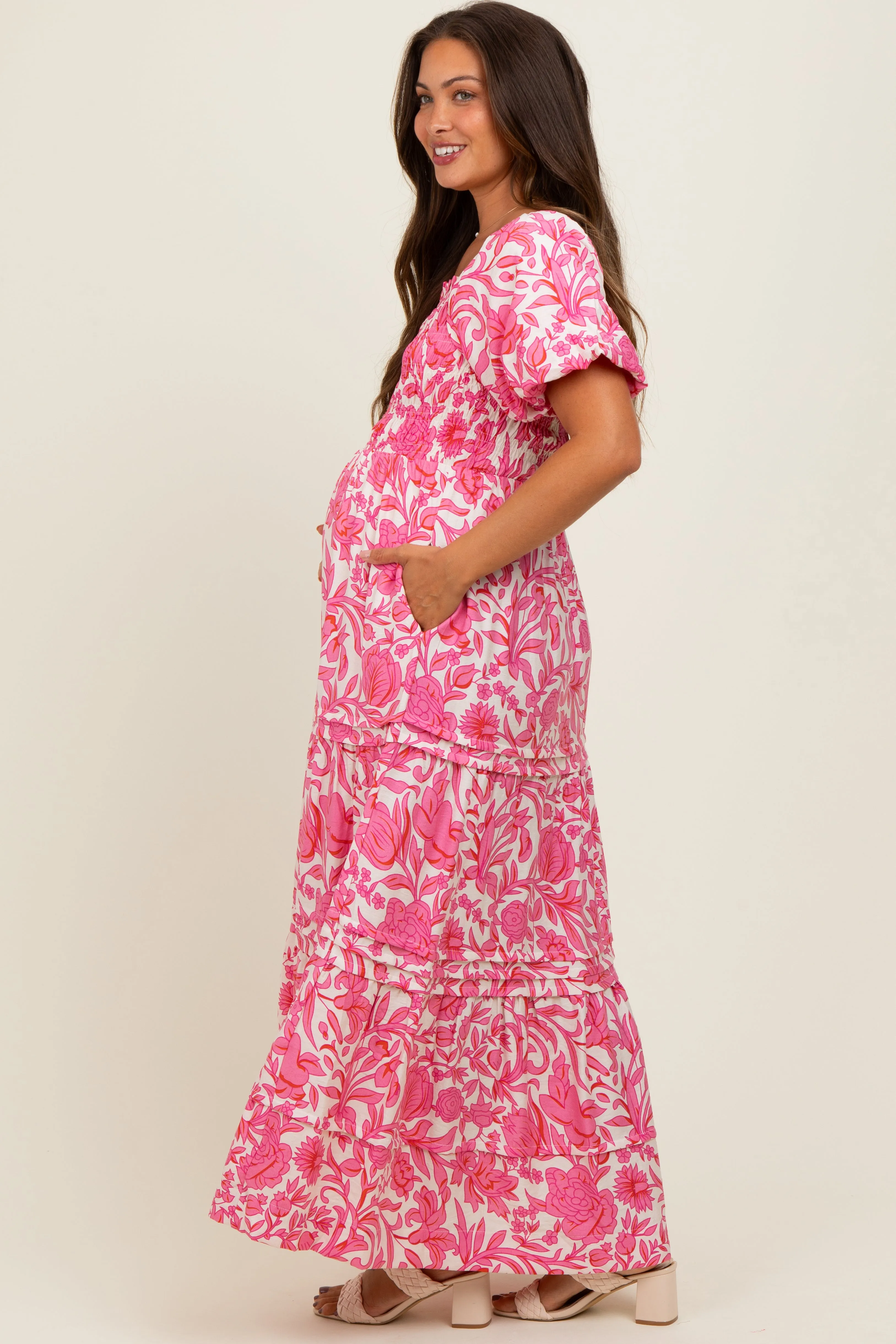 Pink Floral Smocked Puff Sleeve Maternity Maxi Dress sold by Pinkblush product image thumbnail 3