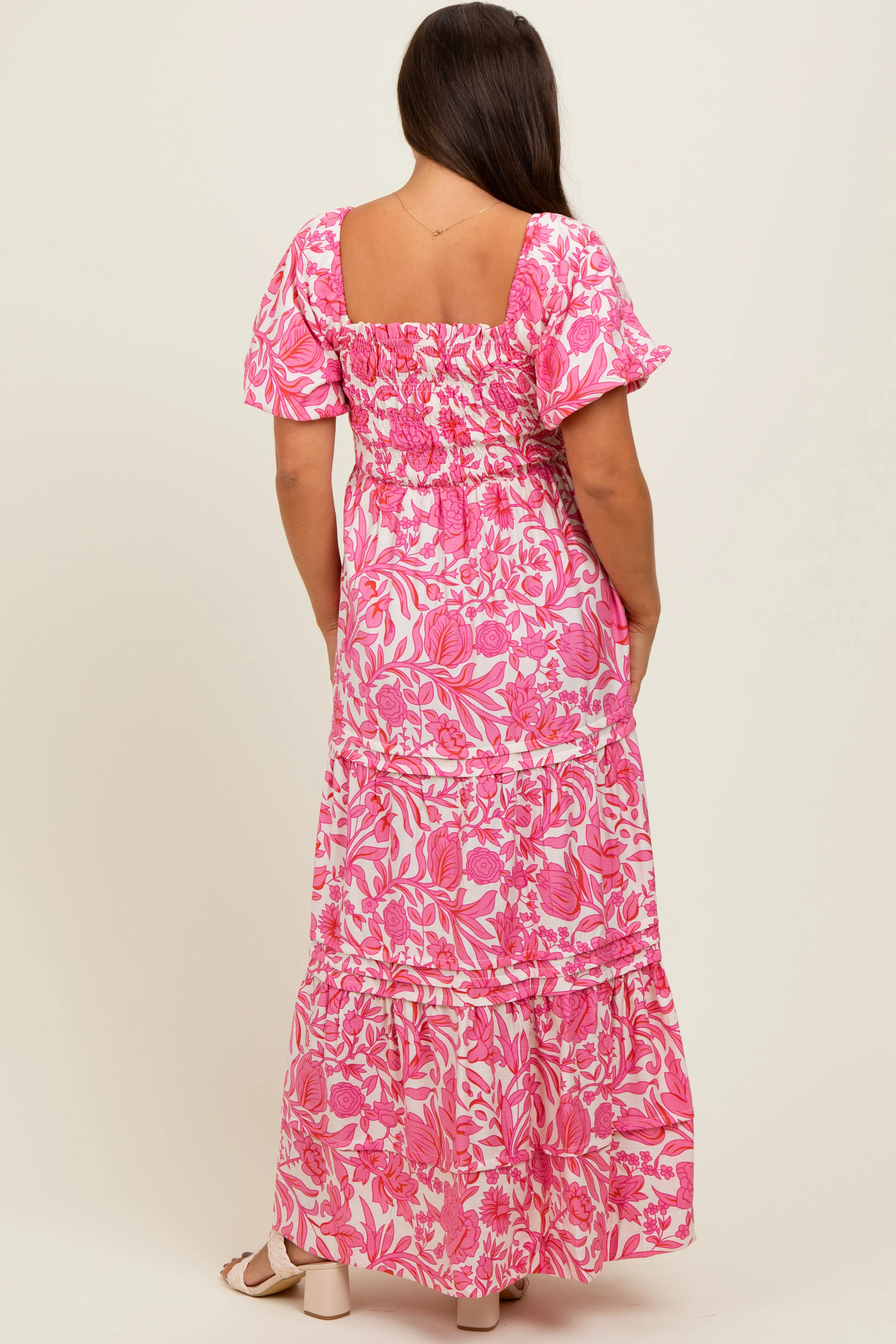 Pink Floral Smocked Puff Sleeve Maternity Maxi Dress sold by Pinkblush product image thumbnail 4