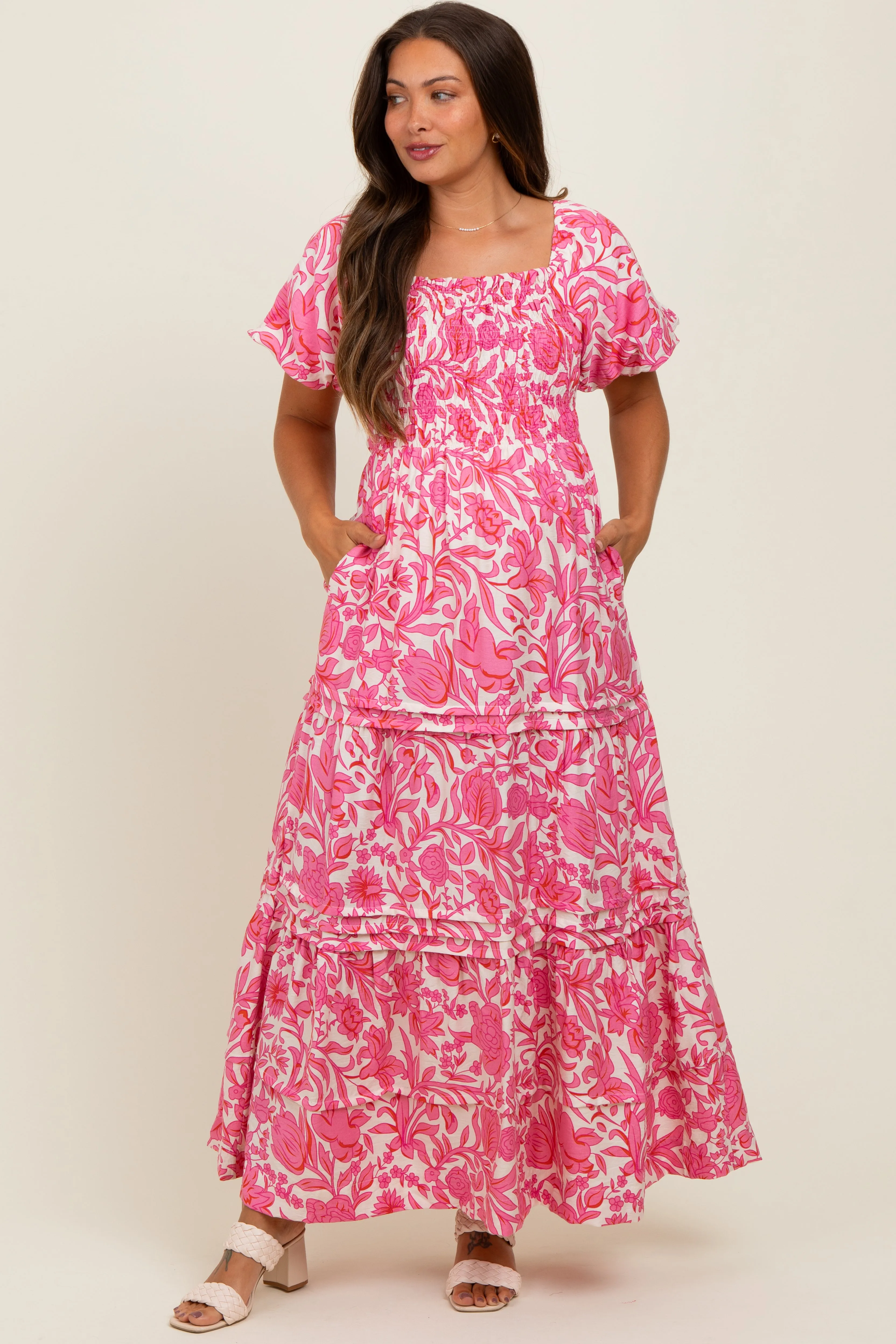 Pink Floral Smocked Puff Sleeve Maternity Maxi Dress sold by Pinkblush