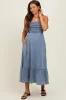 Blue Chambray Smocked Maternity Midi Dress sold by Pinkblush