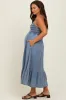 Blue Chambray Smocked Maternity Midi Dress sold by Pinkblush