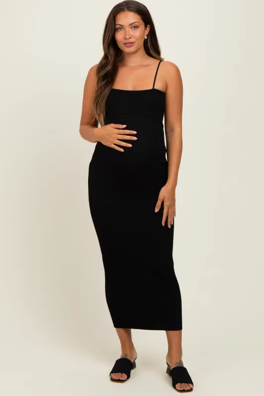 Black Rib Knit Off Shoulder Fitted Maternity Midi Dress sold by Pinkblush