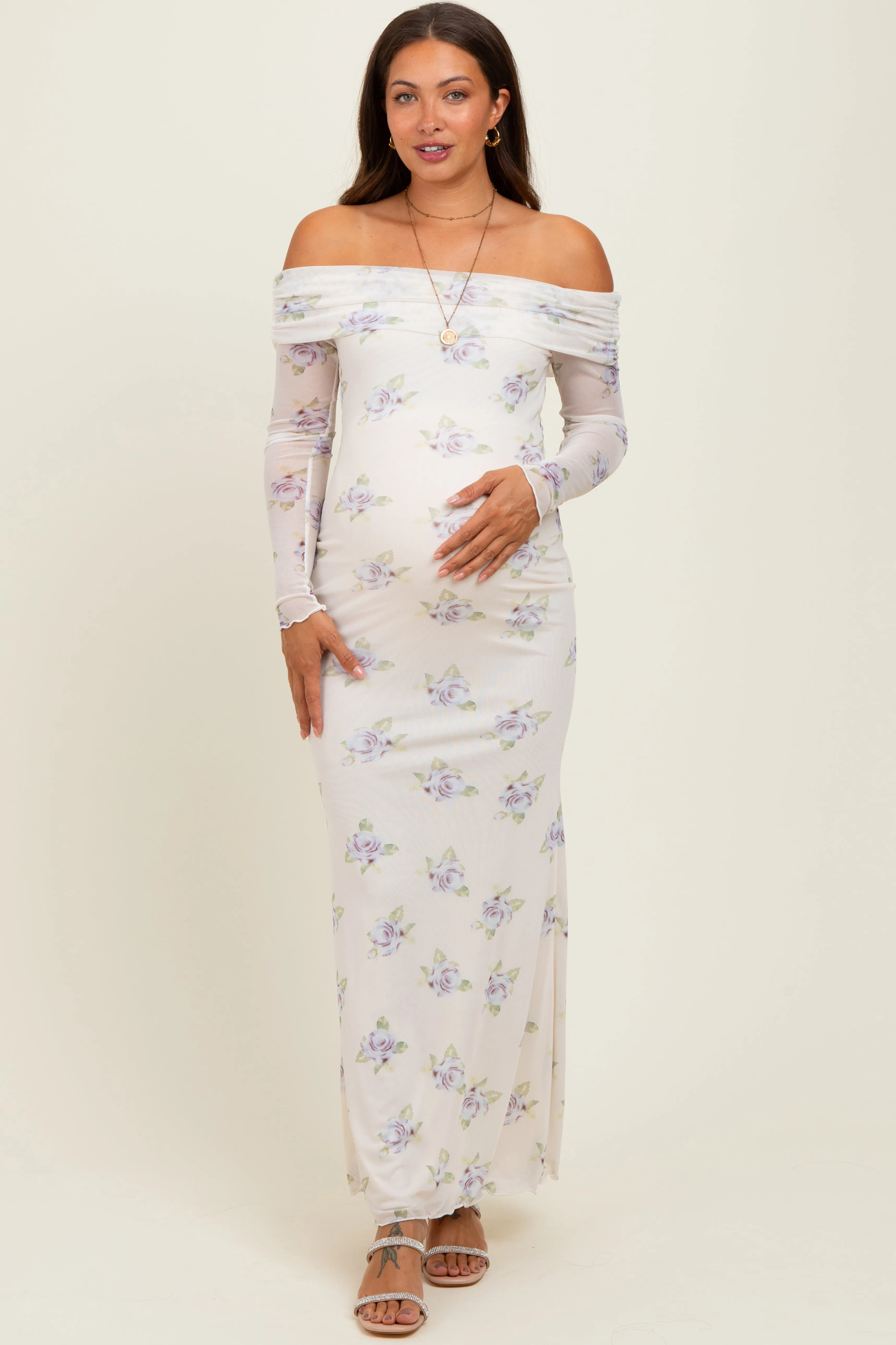 Ivory Floral Mesh Off Shoulder Foldover Maternity Maxi Dress sold by Pinkblush product image thumbnail 2