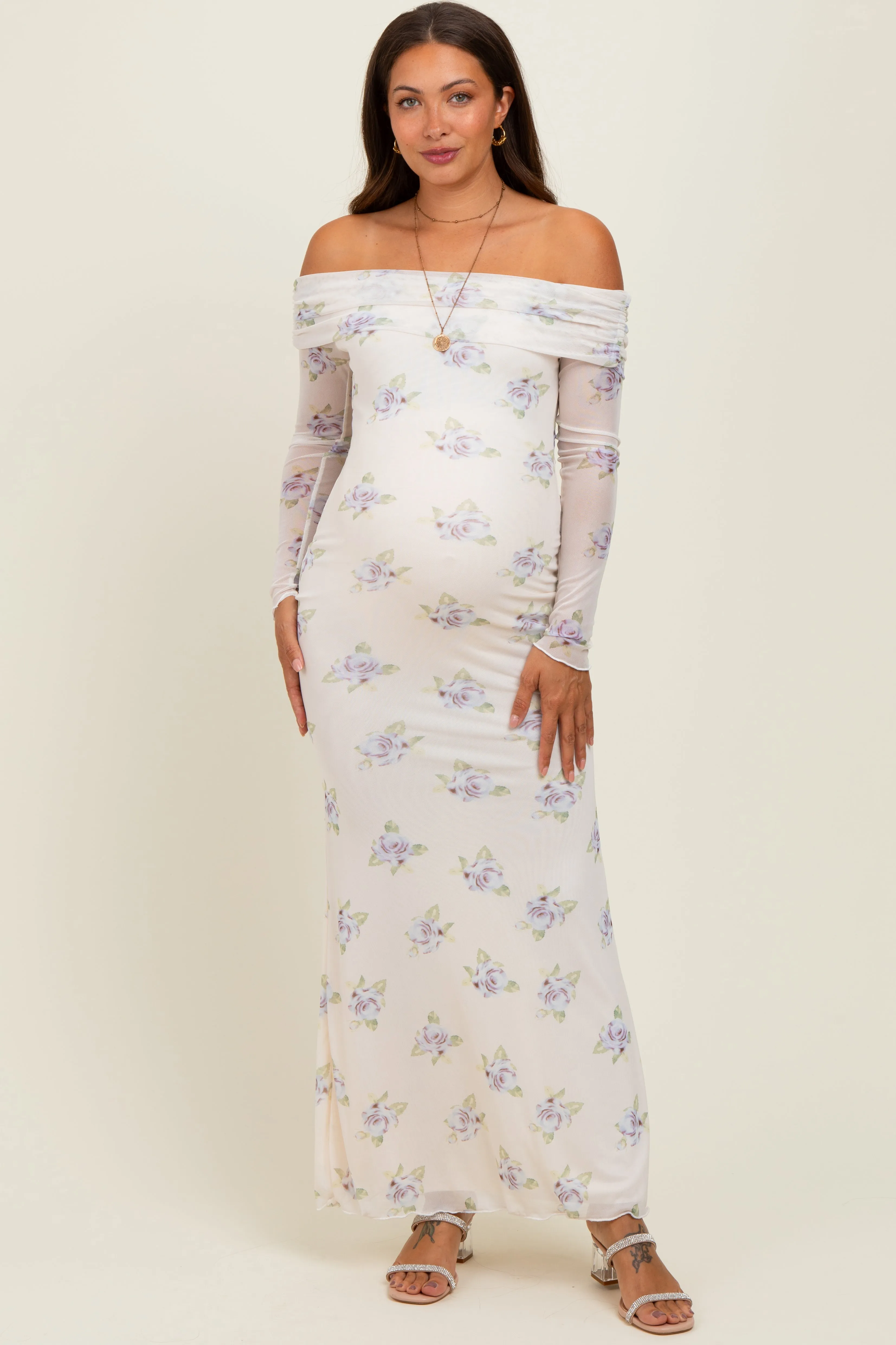 Ivory Floral Mesh Off Shoulder Foldover Maternity Maxi Dress sold by Pinkblush