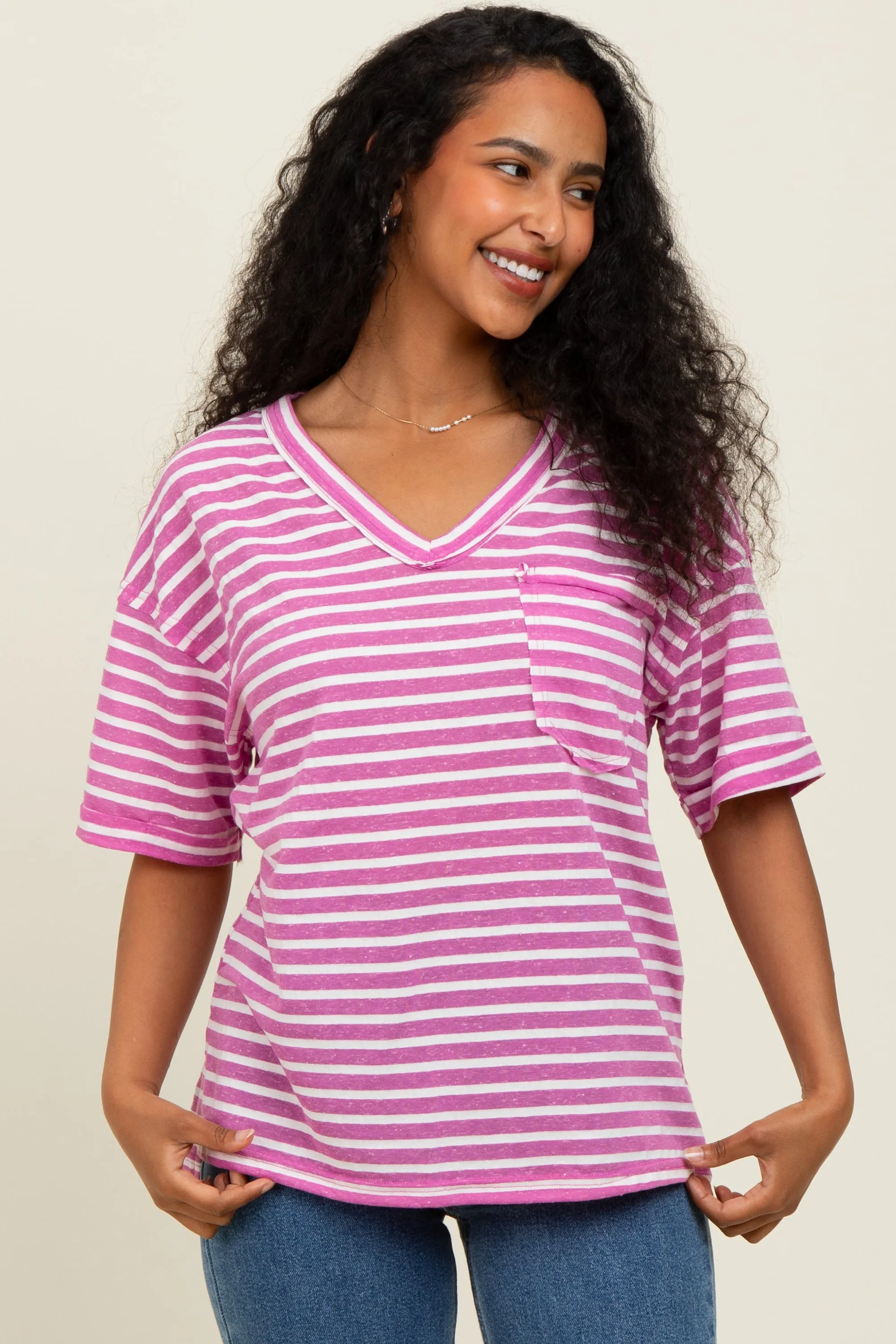 Mauve Striped Oversized V-Neck Front Pocket T-Shirt sold by Pinkblush