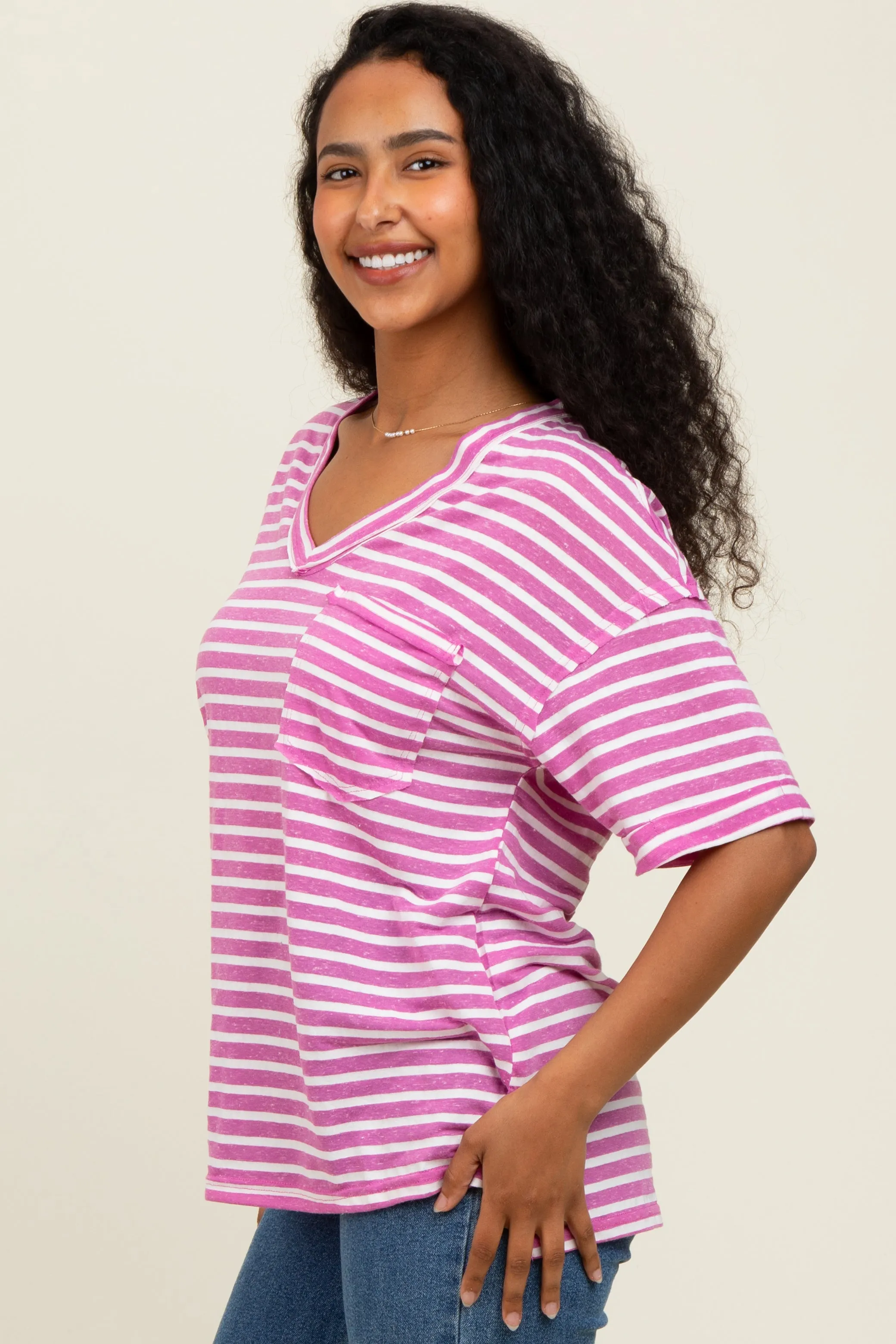Mauve Striped Oversized V-Neck Front Pocket T-Shirt sold by Pinkblush product image thumbnail 2