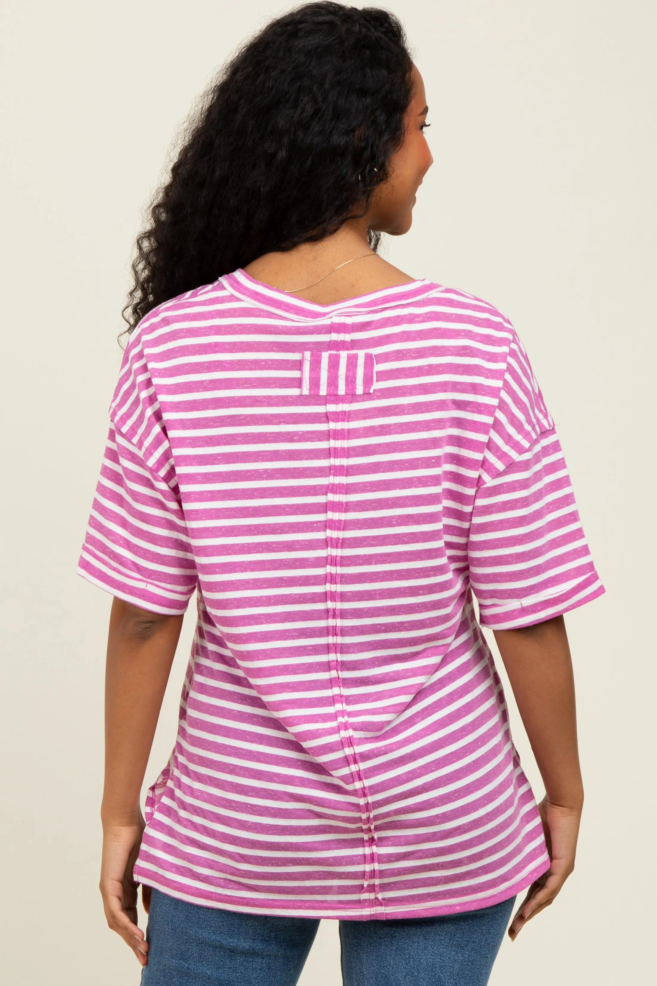 Mauve Striped Oversized V-Neck Front Pocket T-Shirt sold by Pinkblush product image thumbnail 3