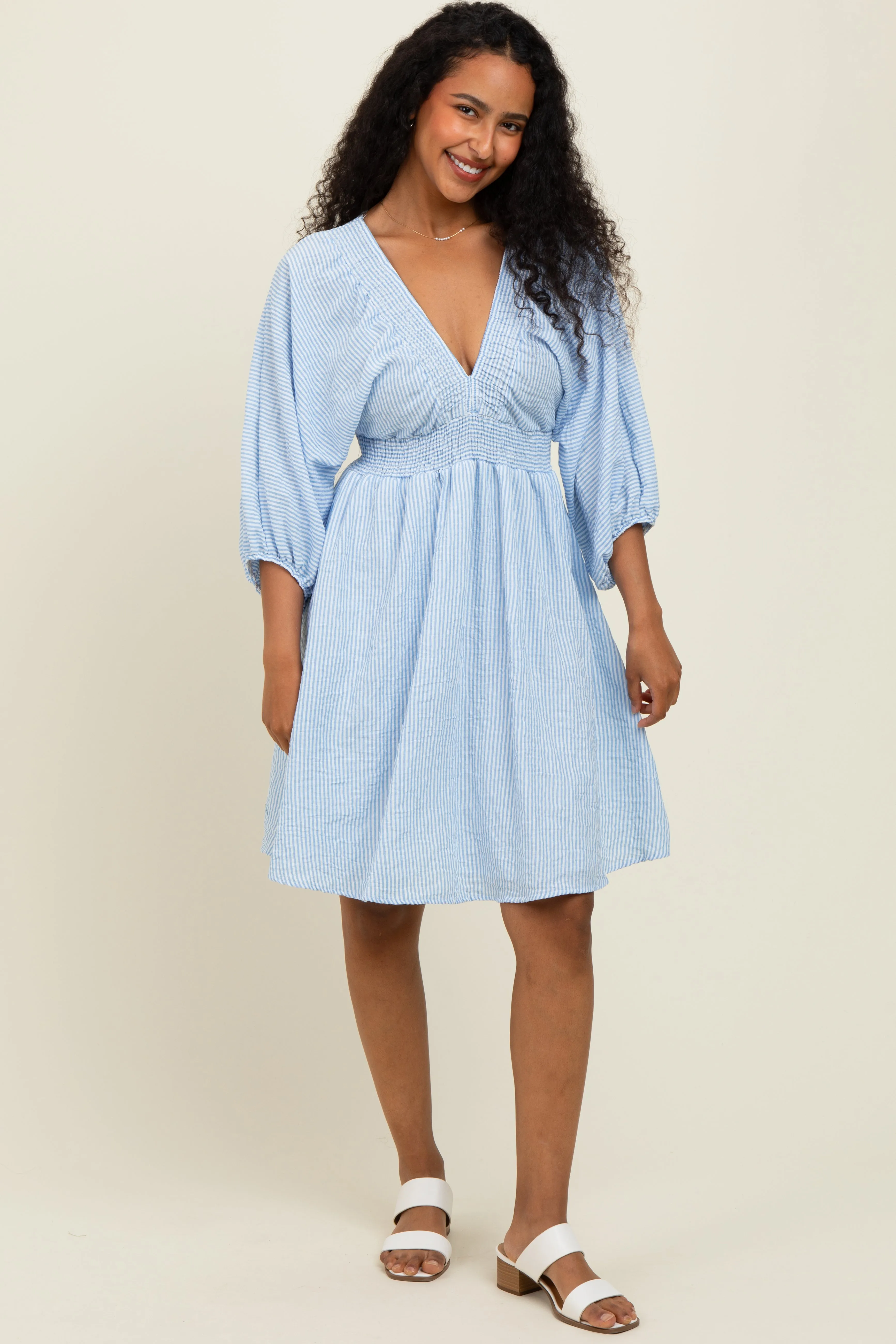 Blue Striped Balloon Sleeve V-Neck Dress sold by Pinkblush product image thumbnail 2