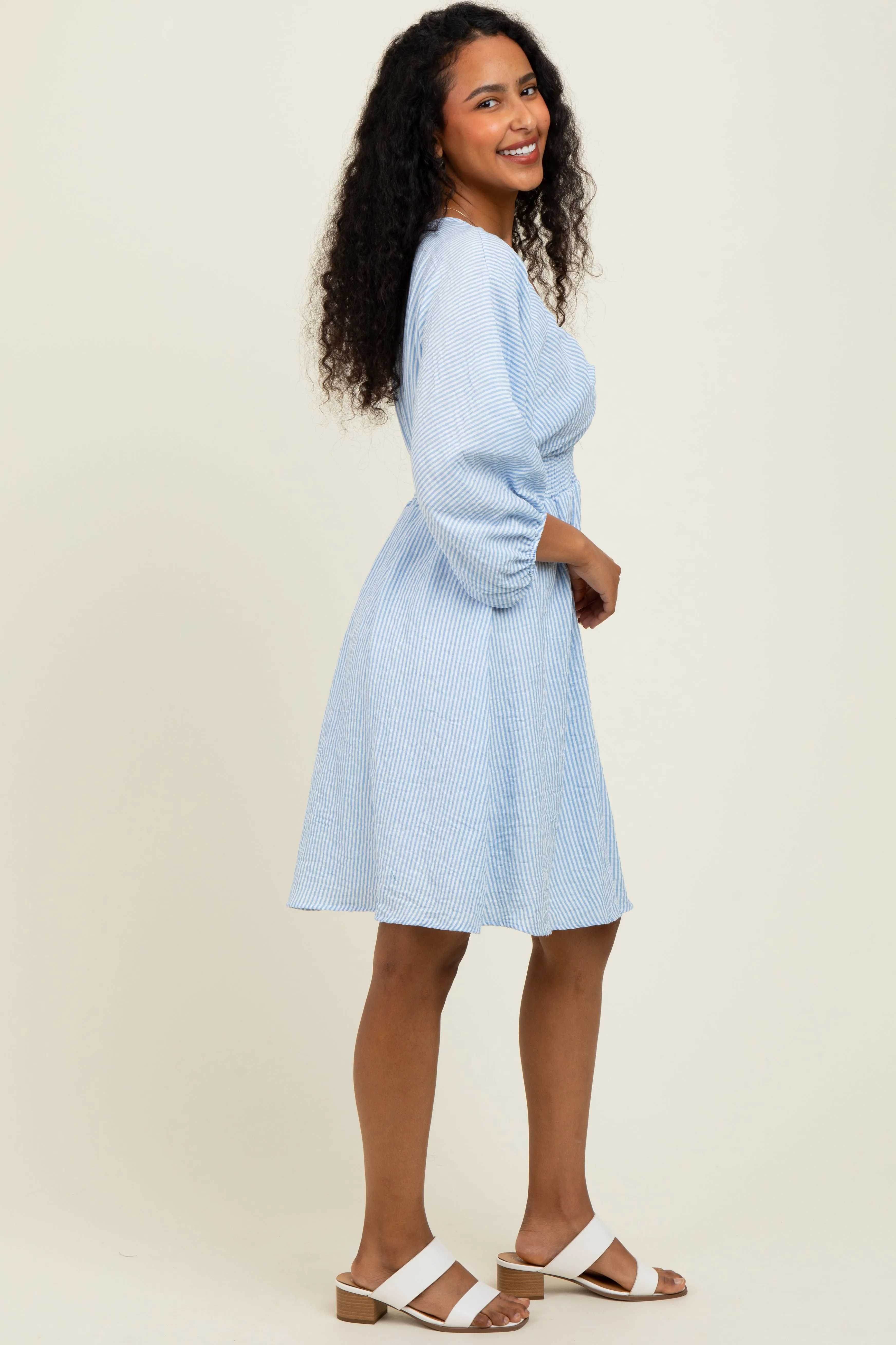 Blue Striped Balloon Sleeve V-Neck Dress sold by Pinkblush product image thumbnail 3