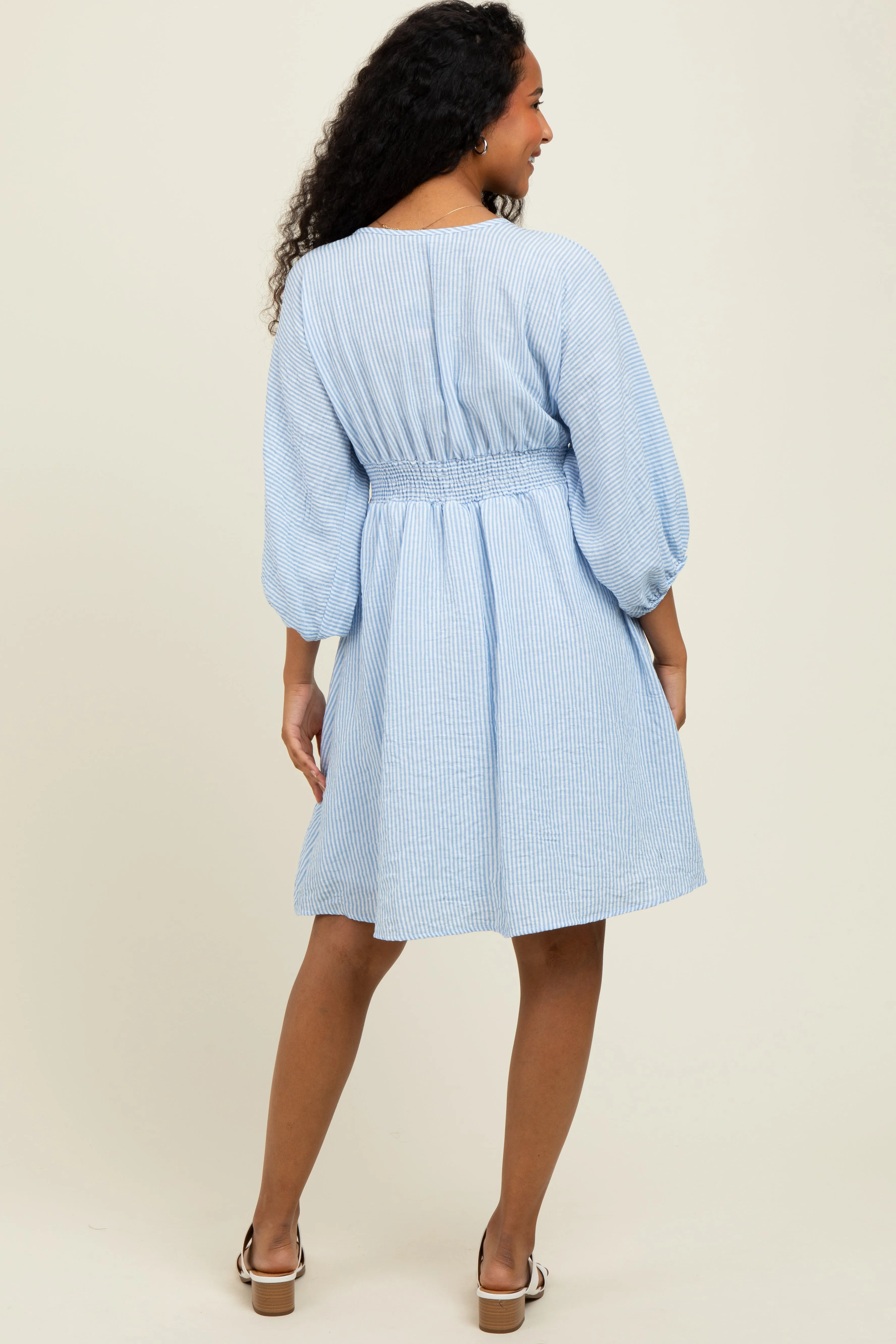 Blue Striped Balloon Sleeve V-Neck Dress sold by Pinkblush product image thumbnail 4