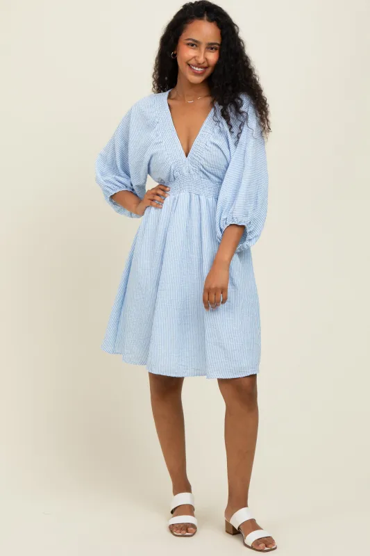Blue Striped Balloon Sleeve V-Neck Dress sold by Pinkblush