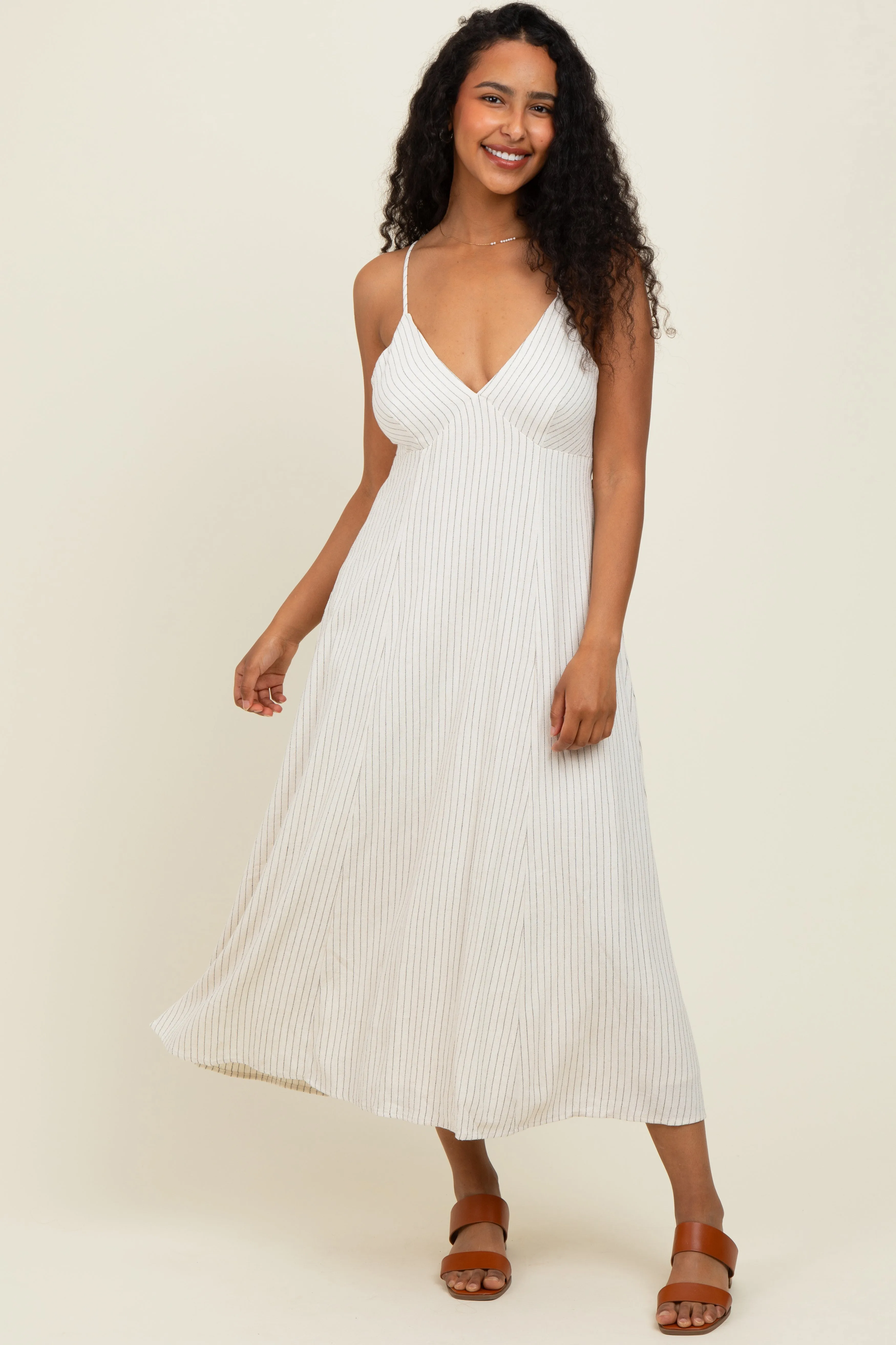 Ivory/Black Linen Striped Midi Dress sold by Pinkblush product image thumbnail 2