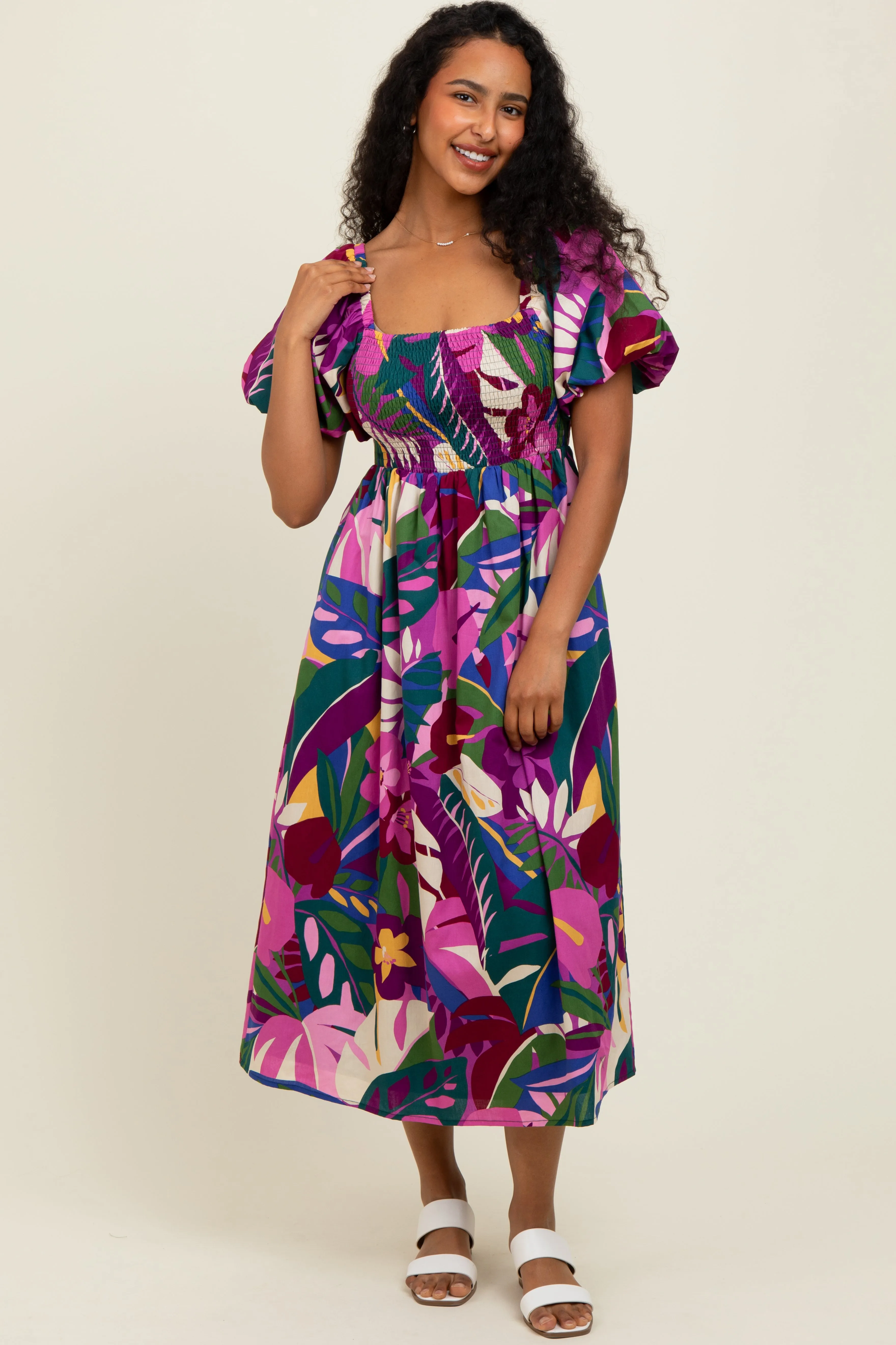 Purple Tropical Smocked Puff Sleeve Midi Dress sold by Pinkblush product image thumbnail 2