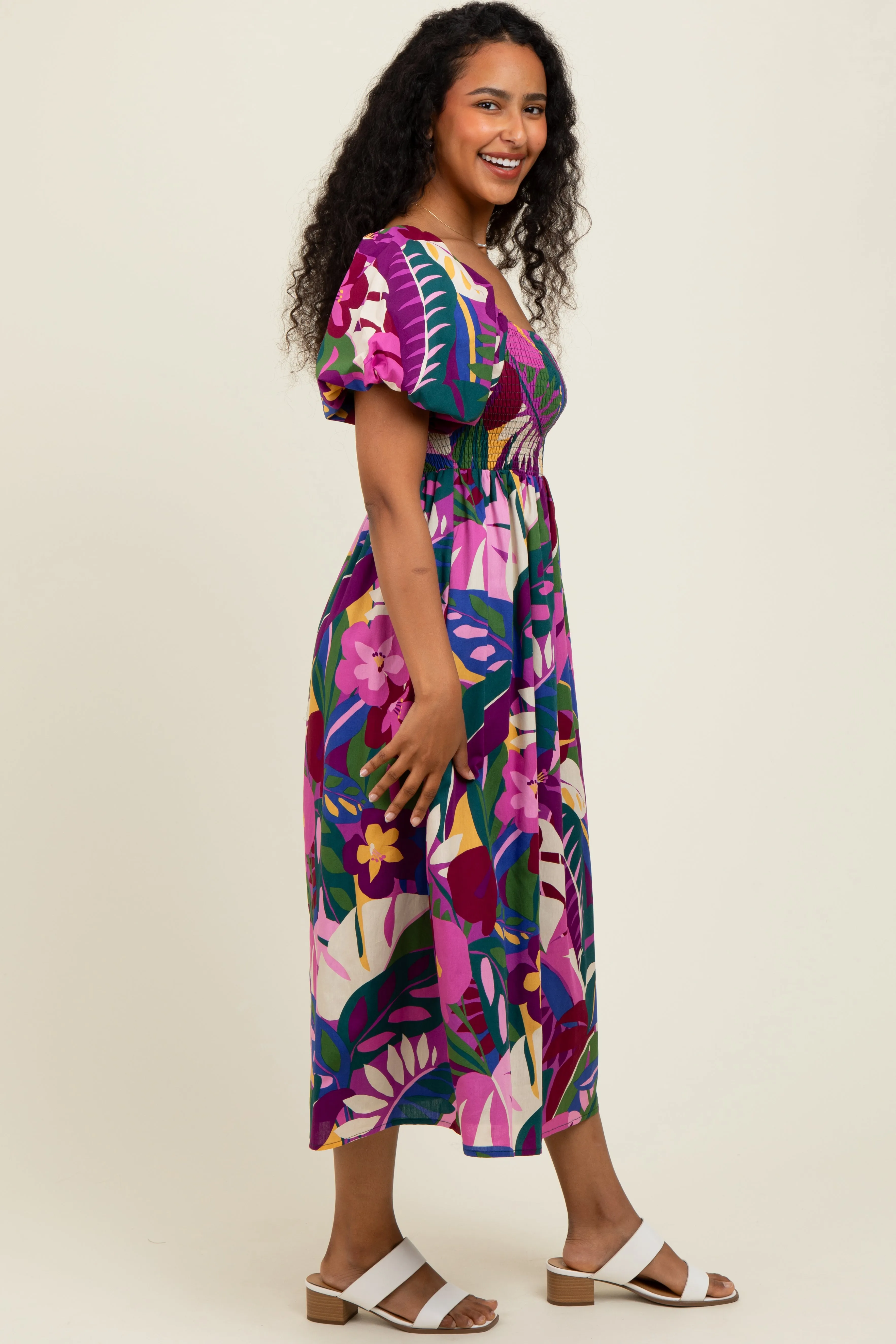 Purple Tropical Smocked Puff Sleeve Midi Dress sold by Pinkblush product image thumbnail 3