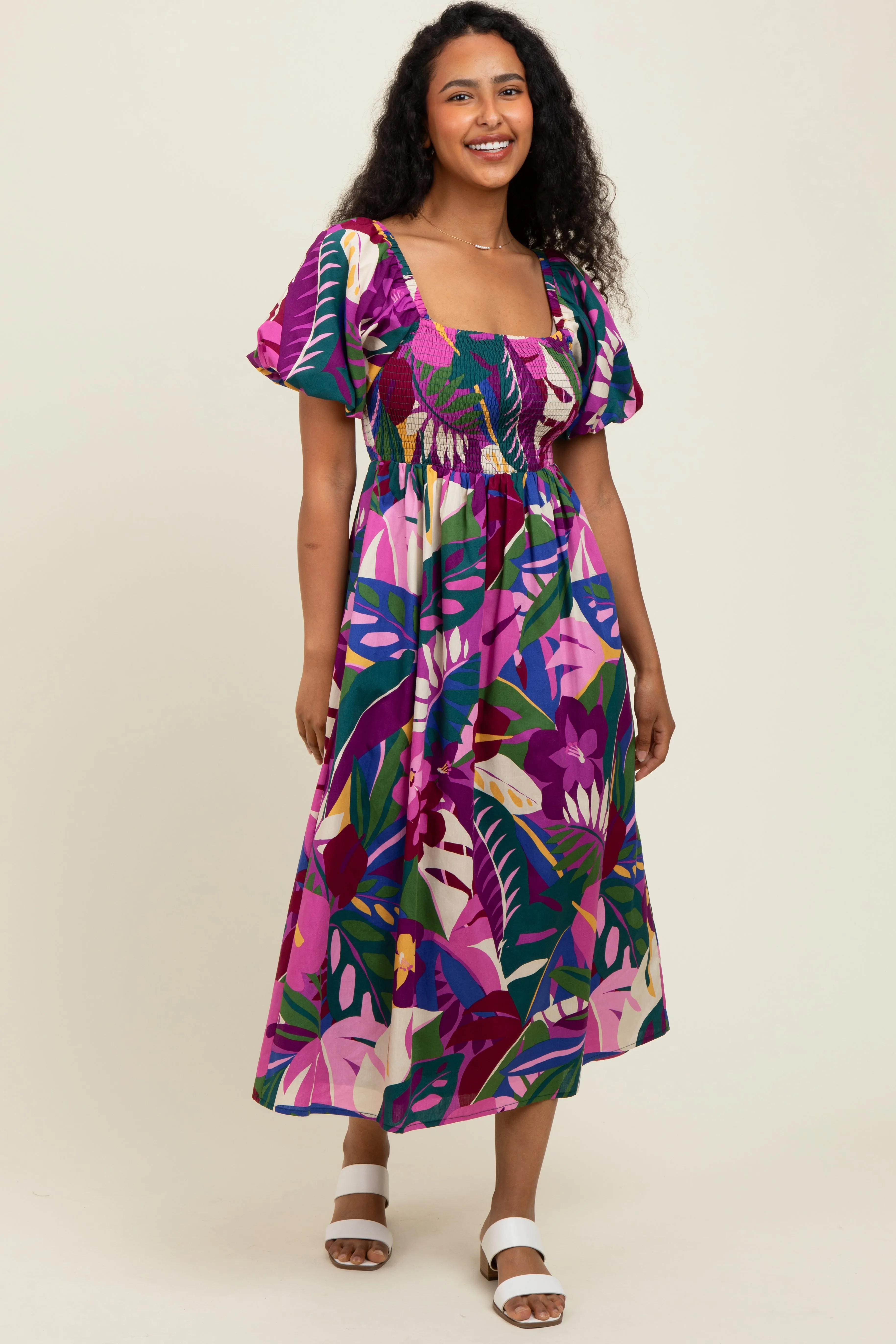Purple Tropical Smocked Puff Sleeve Midi Dress sold by Pinkblush