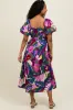 Purple Tropical Smocked Puff Sleeve Midi Dress sold by Pinkblush