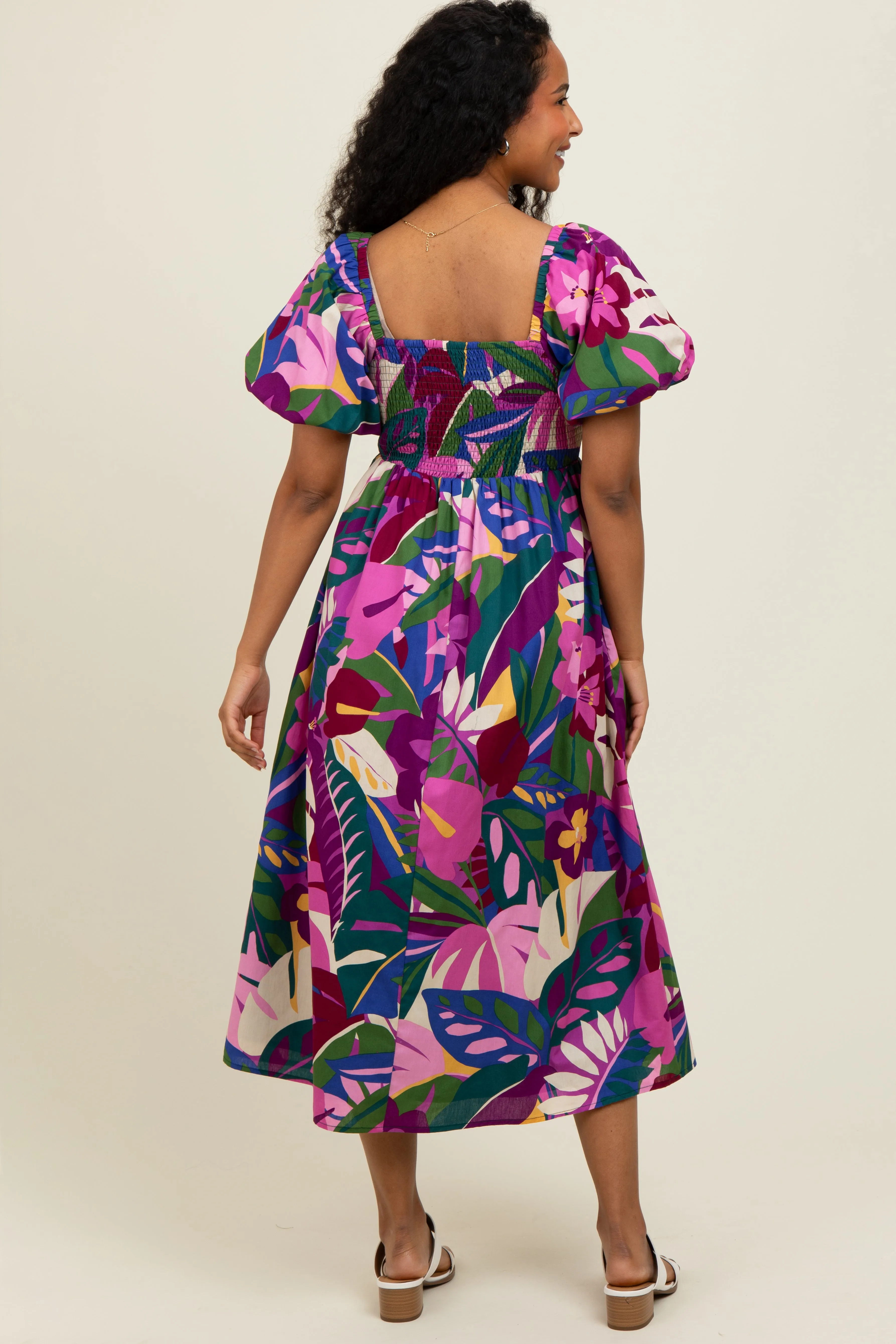 Purple Tropical Smocked Puff Sleeve Midi Dress sold by Pinkblush product image thumbnail 4