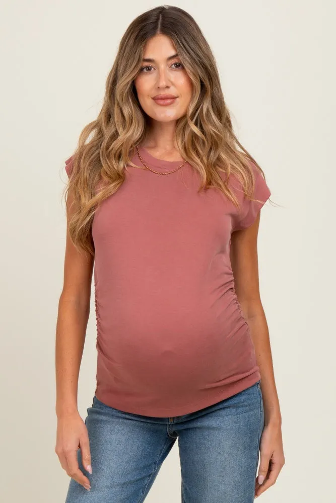 Rust Side Ruched Maternity Short Sleeve Top sold by Pinkblush