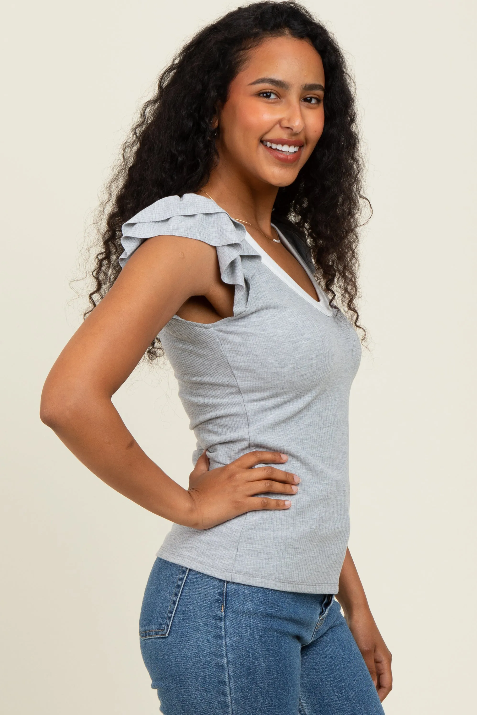 Heather Grey/ Ivory Solid Ribbed Ruffle Sleeve Fitted Top sold by Pinkblush product image thumbnail 3