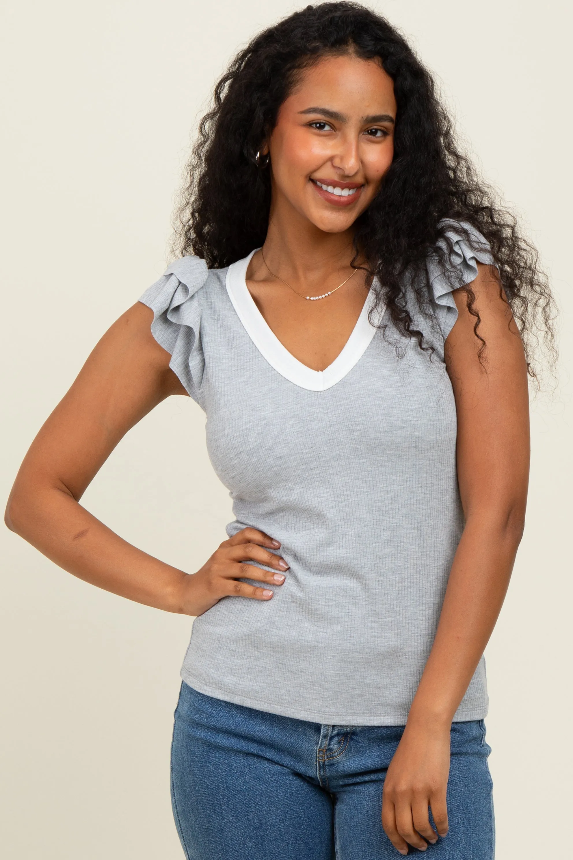 Heather Grey/ Ivory Solid Ribbed Ruffle Sleeve Fitted Top sold by Pinkblush