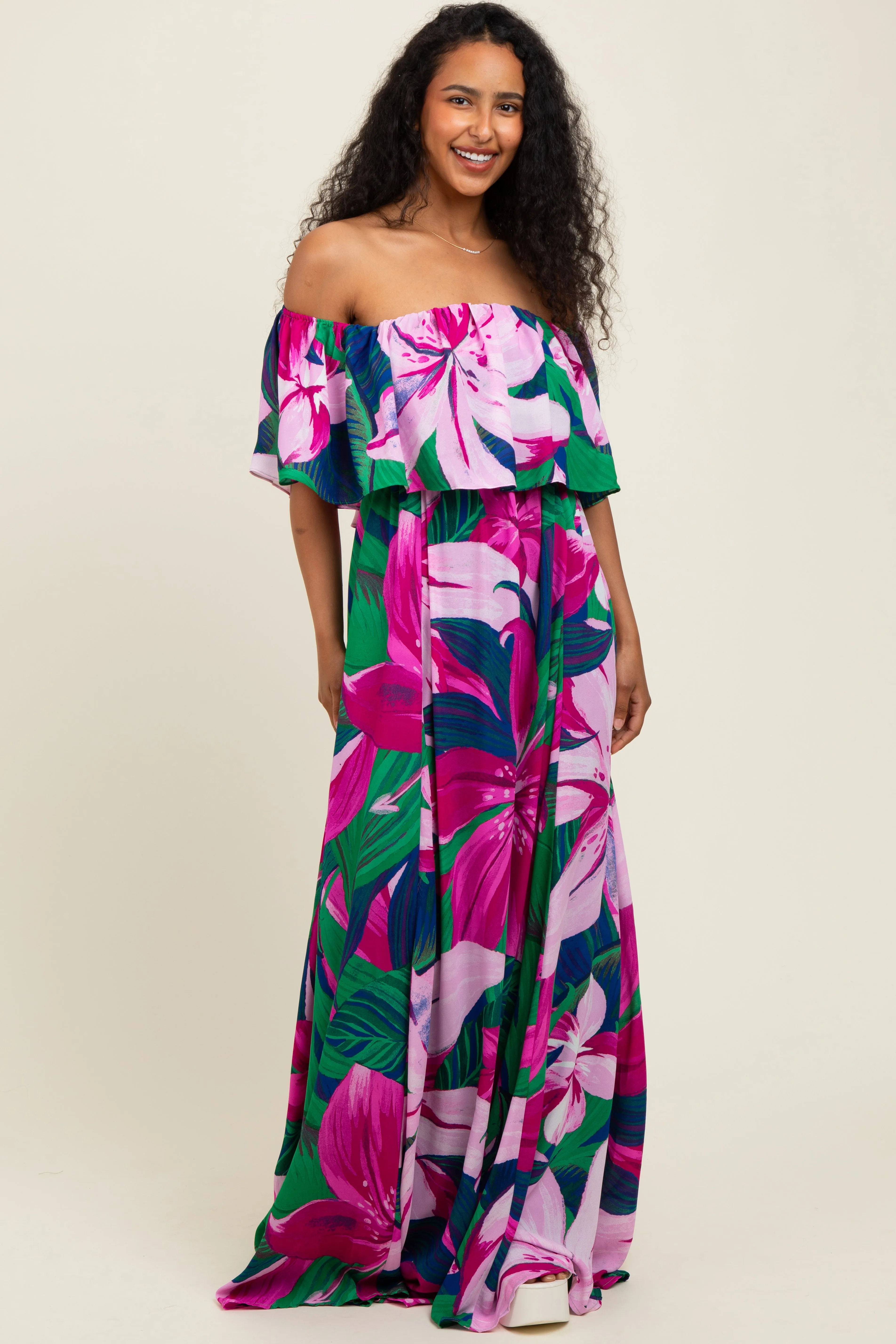 Purple Tropical Floral Off Shoulder Flounce Maxi Dress sold by Pinkblush product image thumbnail 2