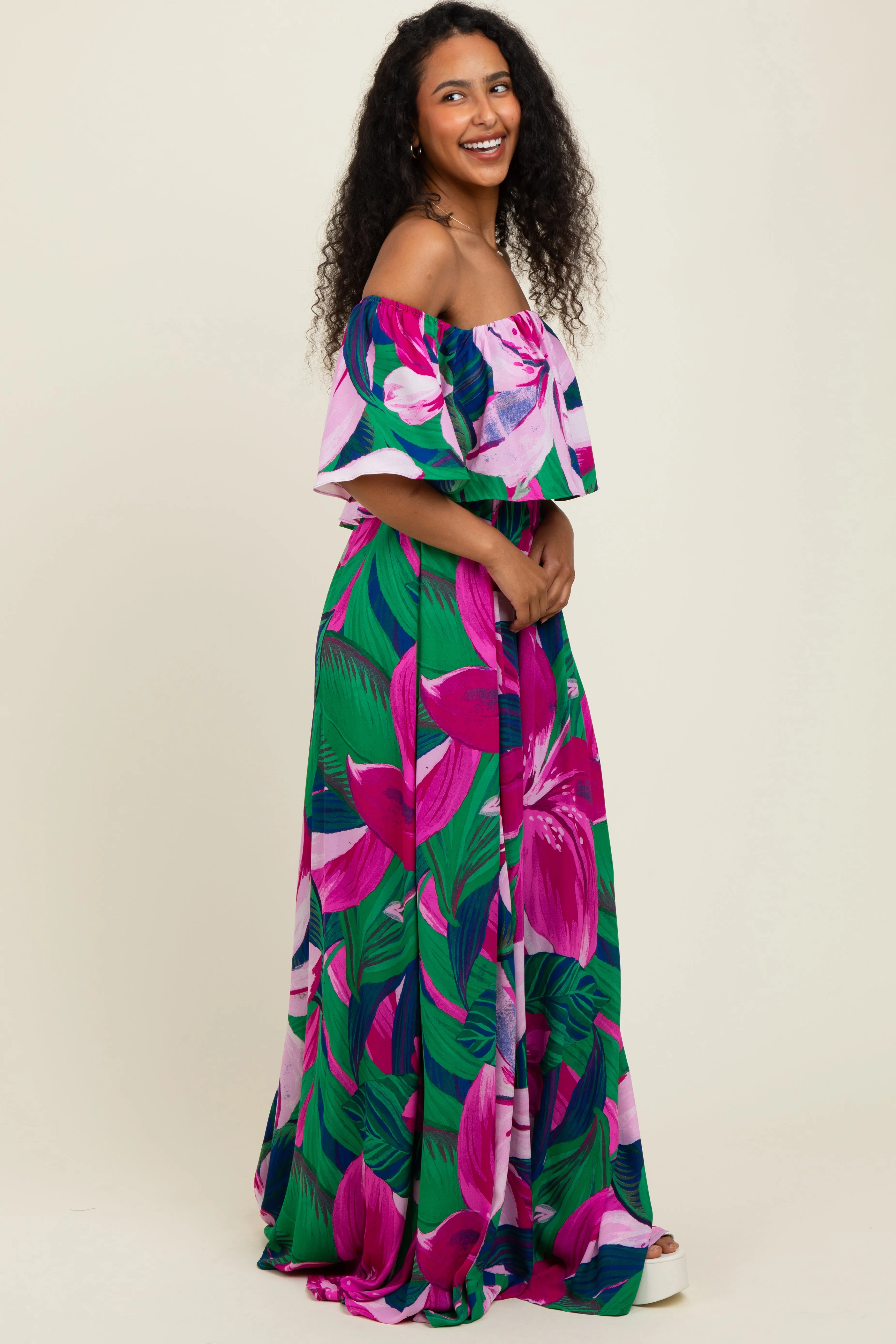 Purple Tropical Floral Off Shoulder Flounce Maxi Dress sold by Pinkblush product image thumbnail 3