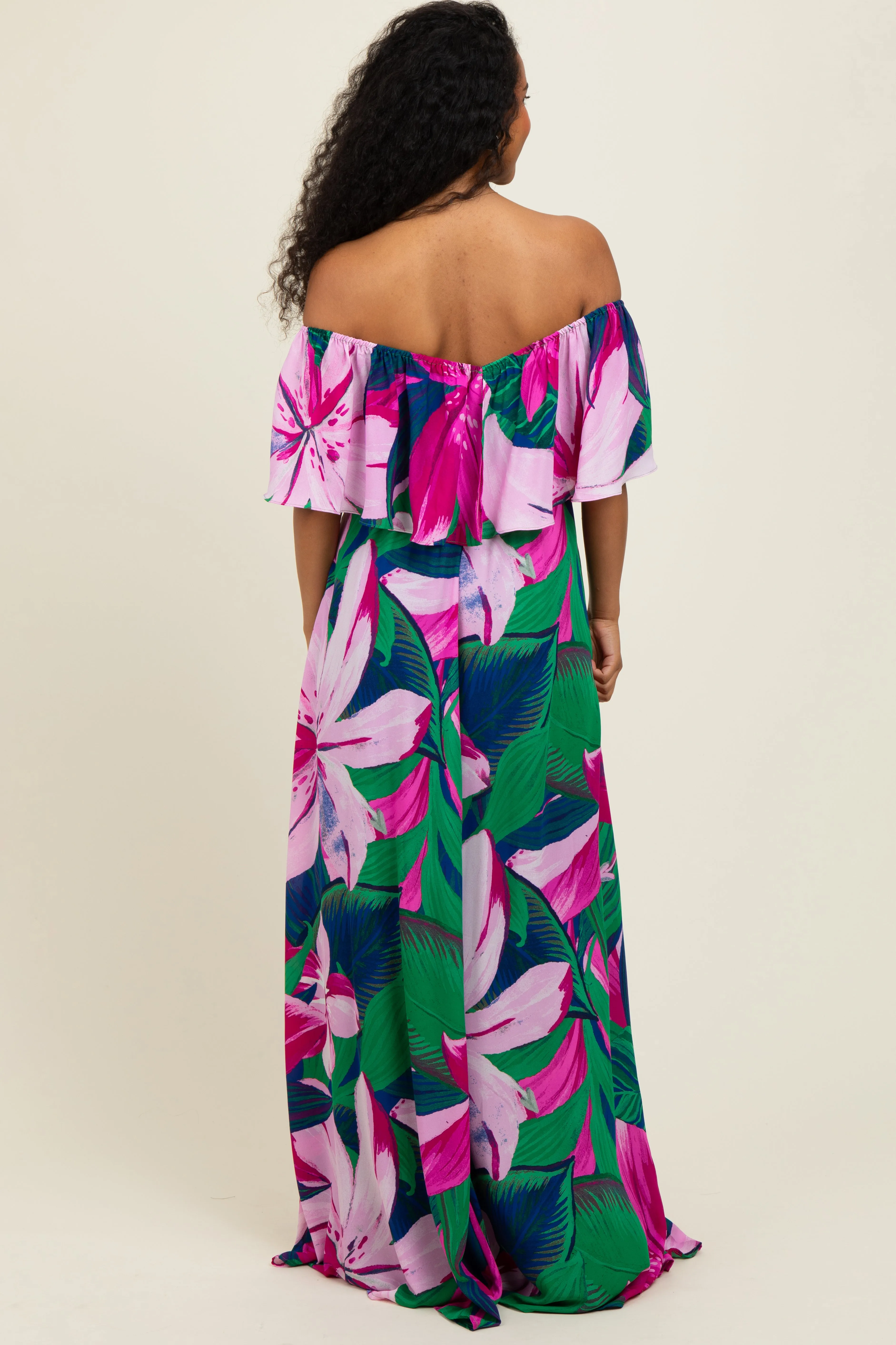 Purple Tropical Floral Off Shoulder Flounce Maxi Dress sold by Pinkblush product image thumbnail 4