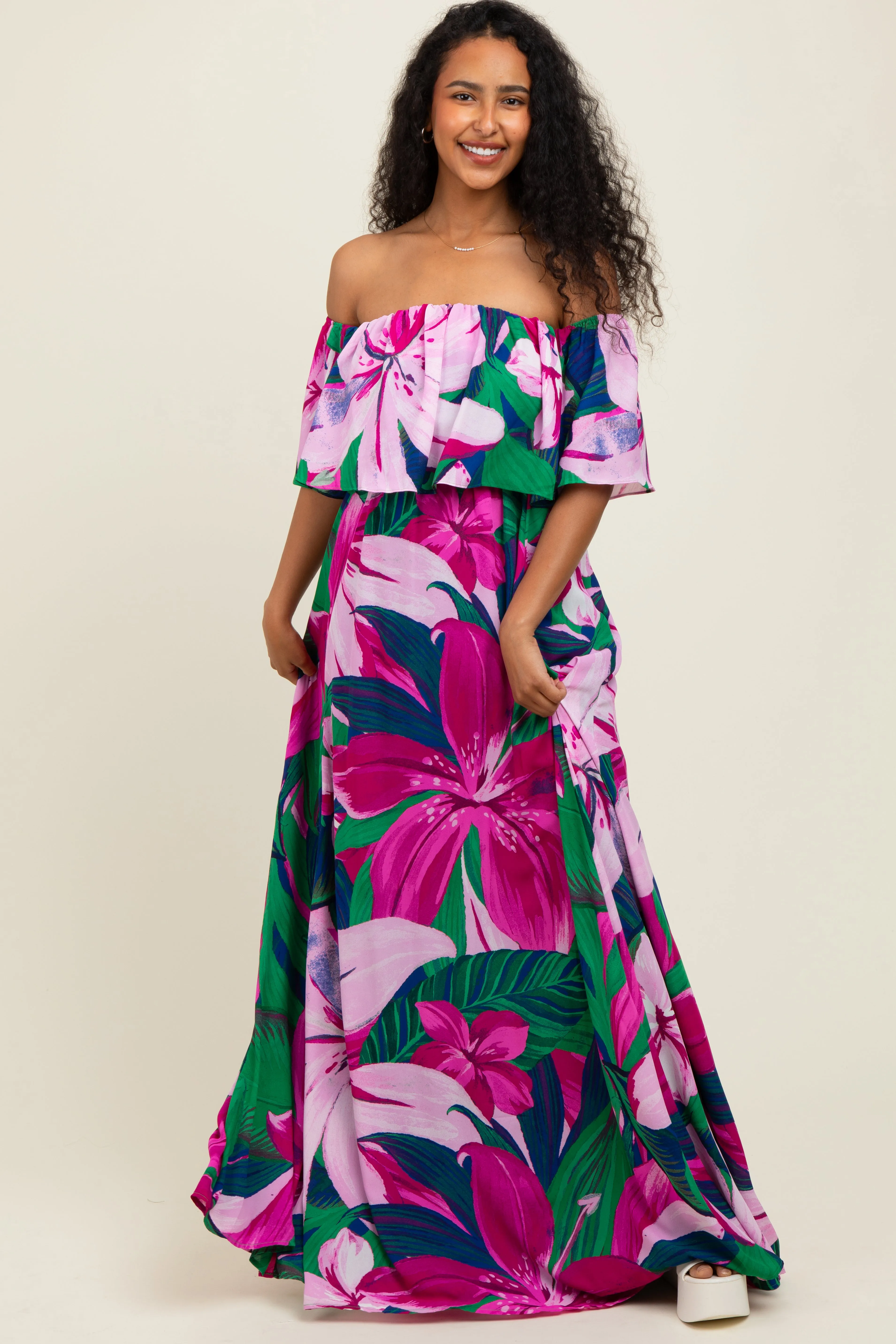 Purple Tropical Floral Off Shoulder Flounce Maxi Dress sold by Pinkblush