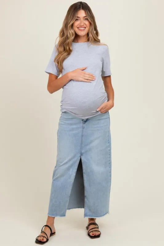 Light Blue Front Slit Fringe Hem Maternity Denim Maxi Skirt sold by Pinkblush