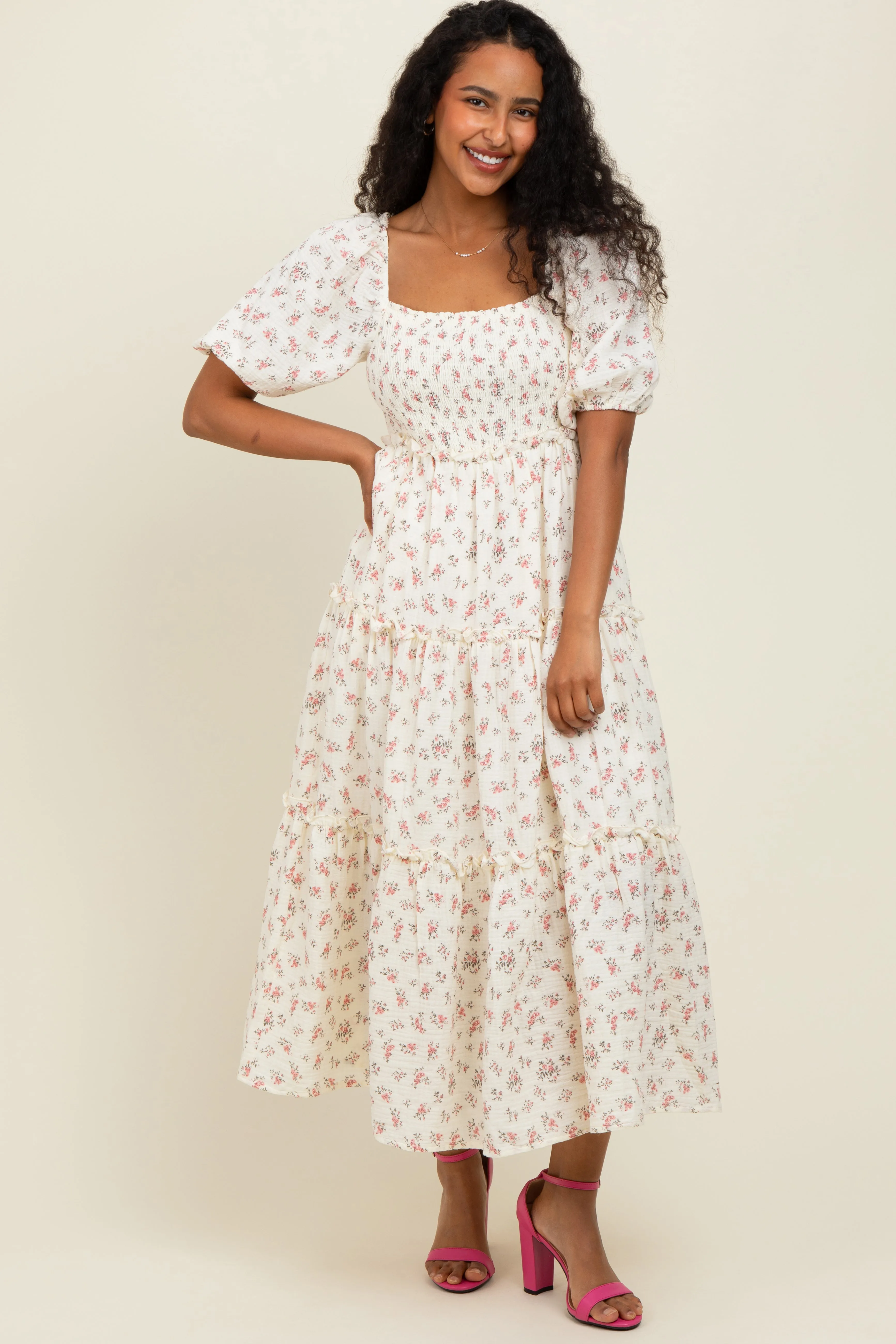 Pink Floral Smocked Ruffle Tiered Maxi Dress sold by Pinkblush product image thumbnail 2
