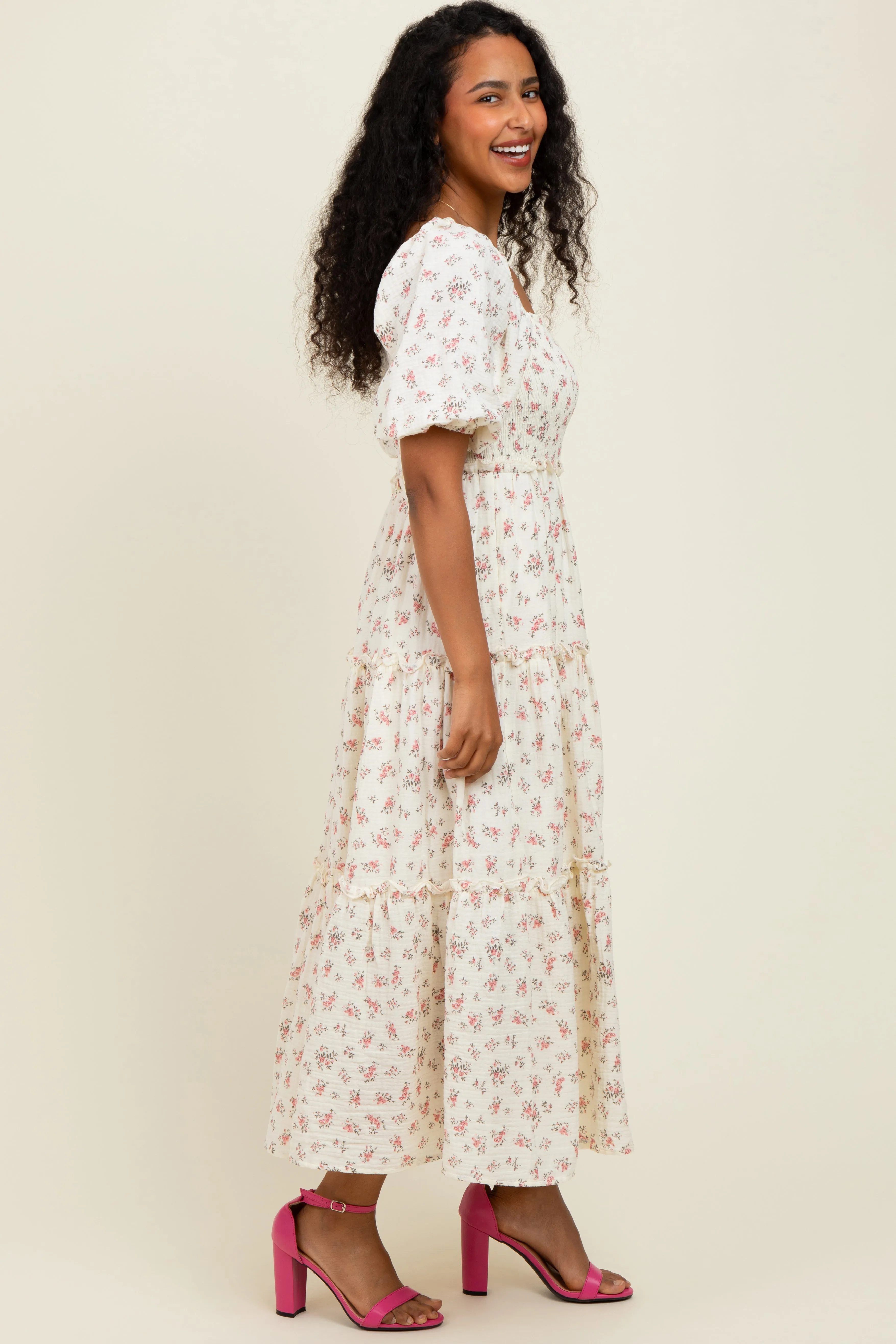 Pink Floral Smocked Ruffle Tiered Maxi Dress sold by Pinkblush product image thumbnail 3