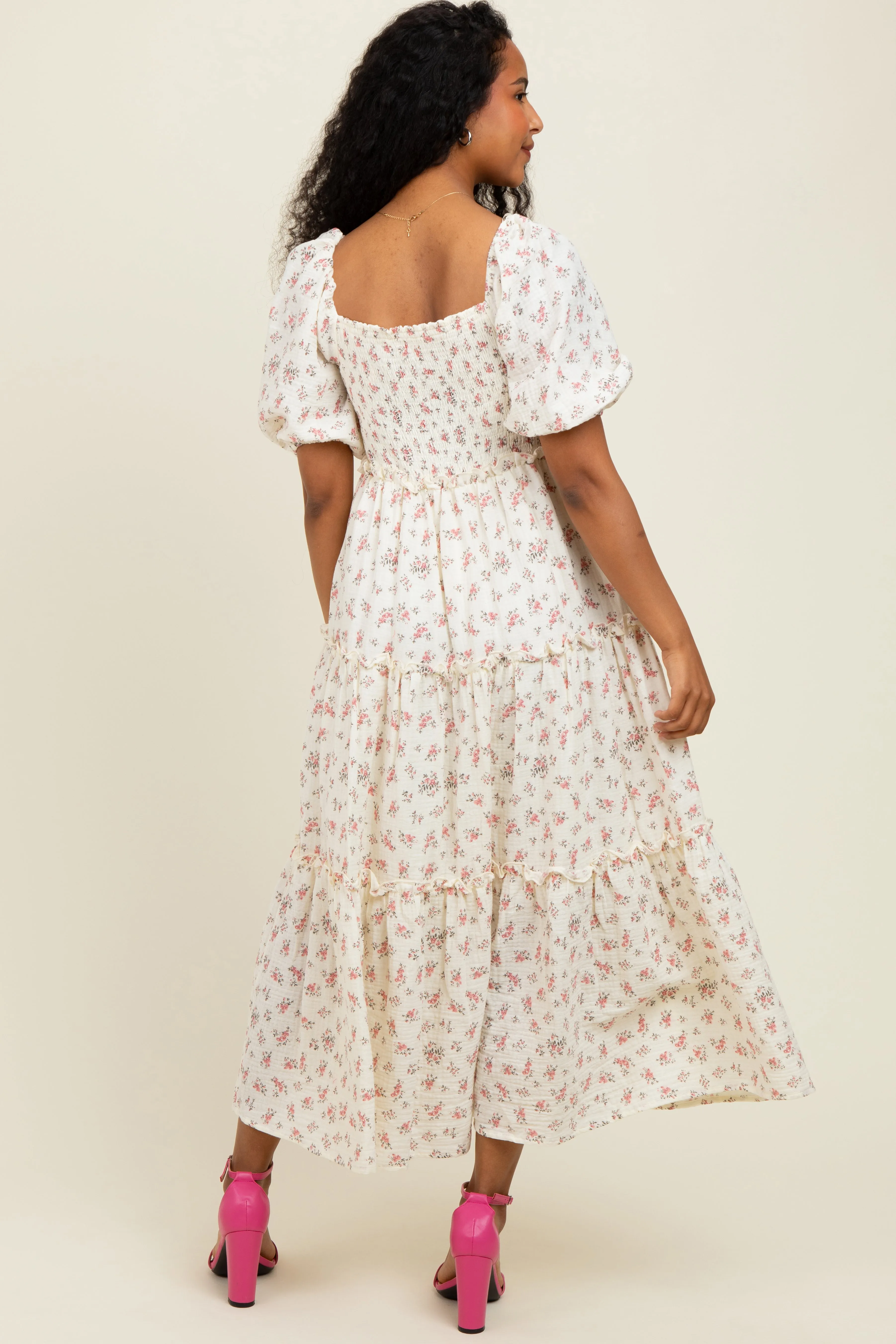 Pink Floral Smocked Ruffle Tiered Maxi Dress sold by Pinkblush product image thumbnail 4