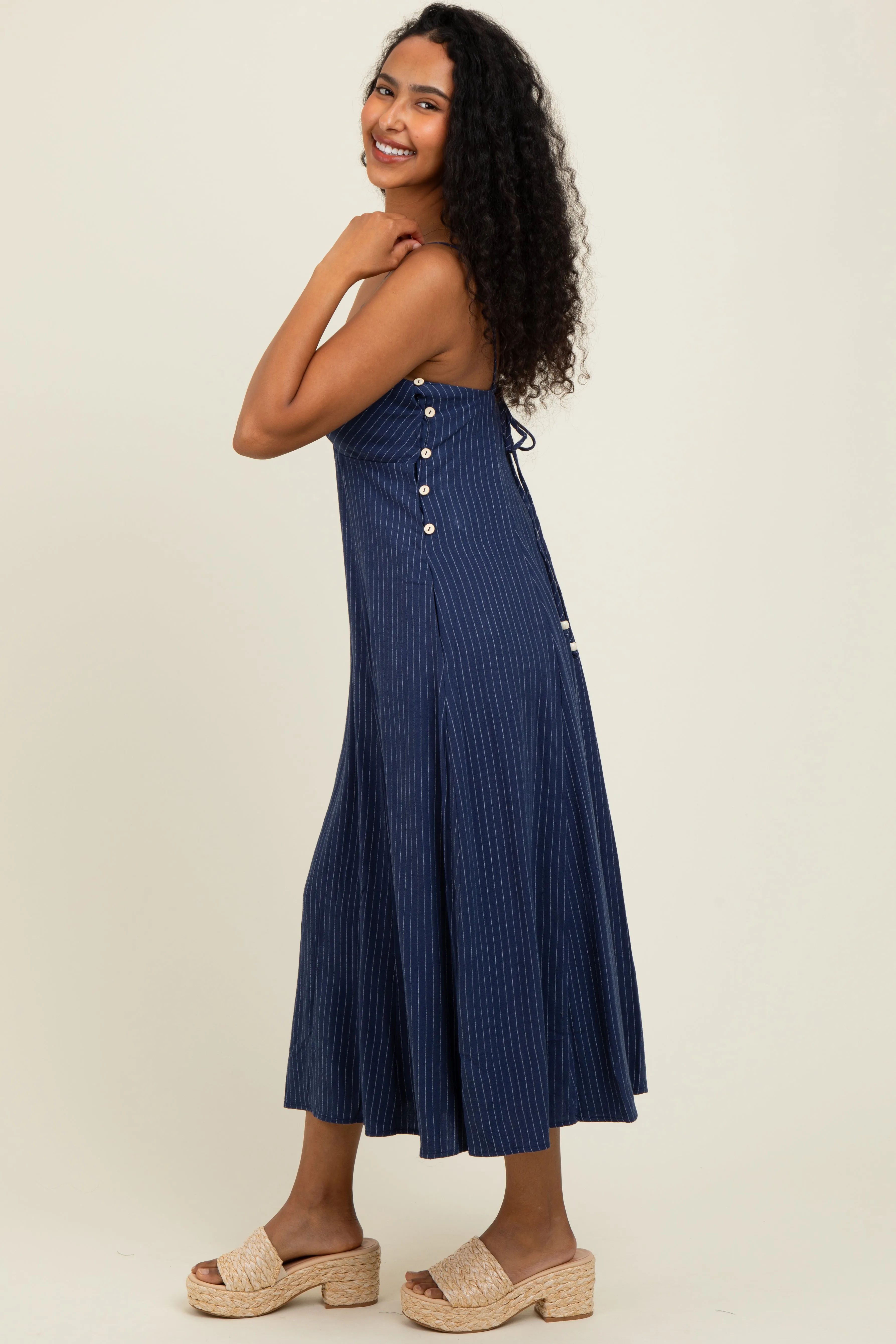 Navy/White Linen Striped Midi Dress sold by Pinkblush product image thumbnail 3