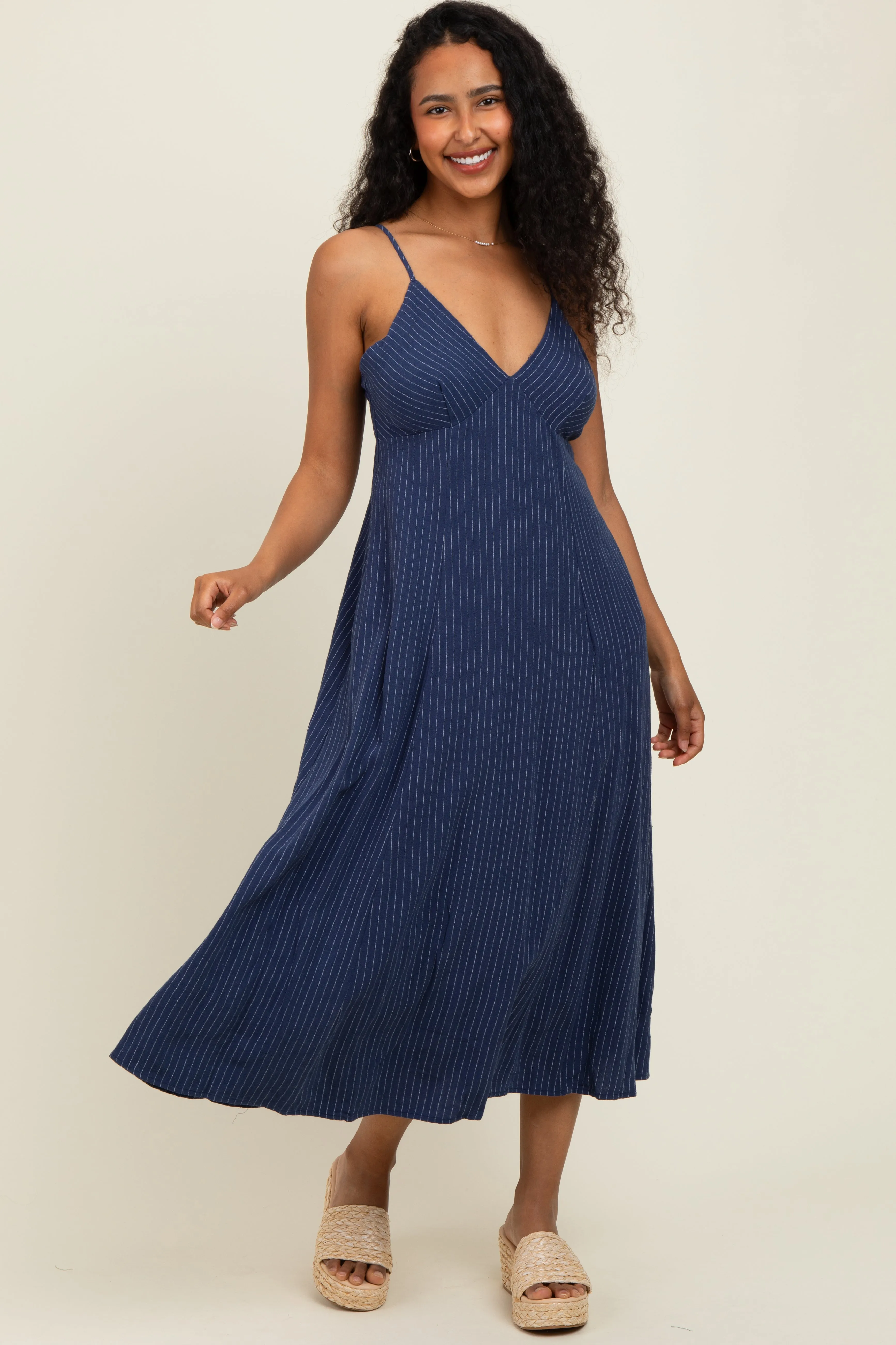 Navy/White Linen Striped Midi Dress sold by Pinkblush product image thumbnail 2