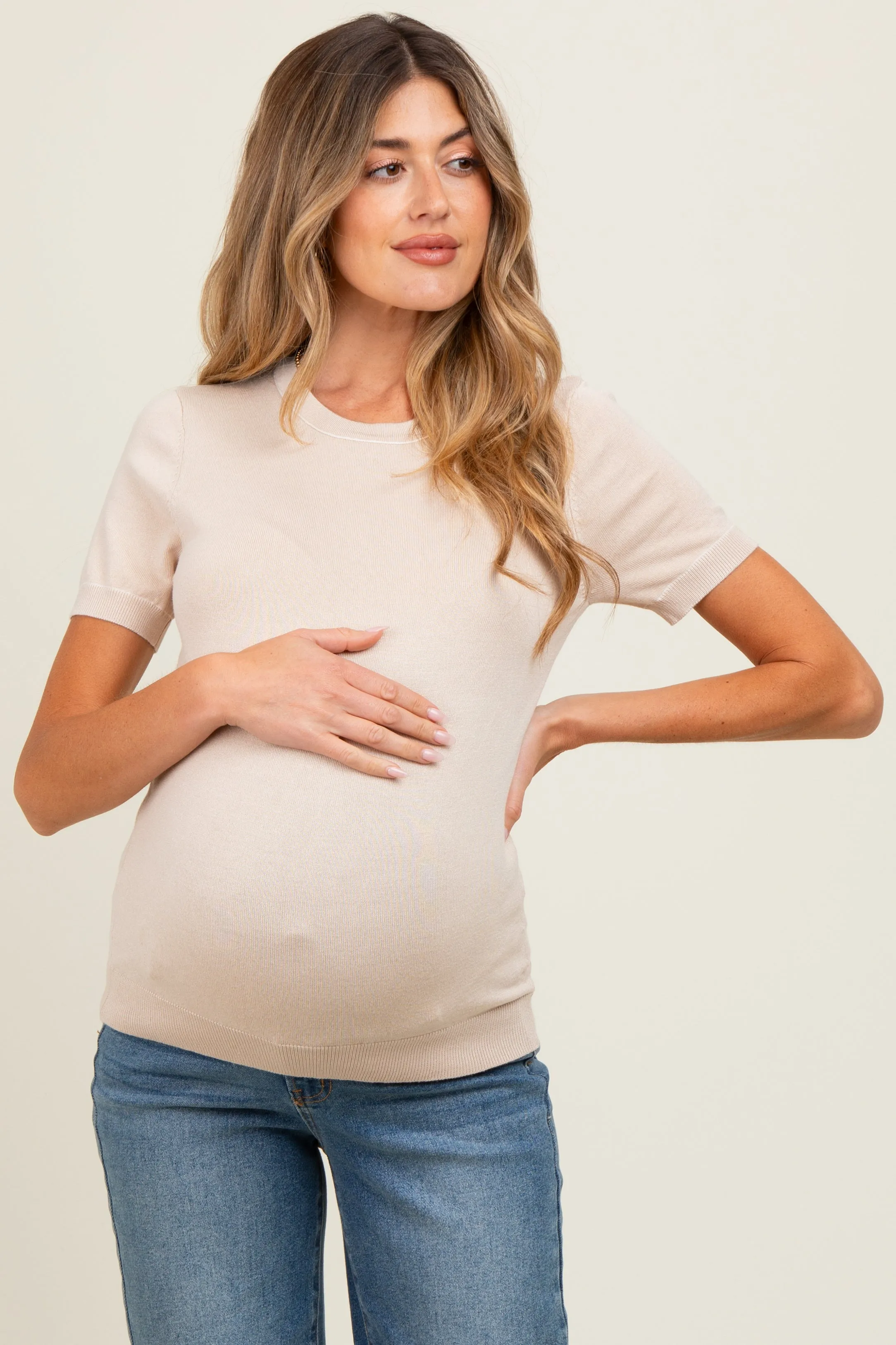 Beige Knit Crew Neck Maternity Short Sleeve Top sold by Pinkblush