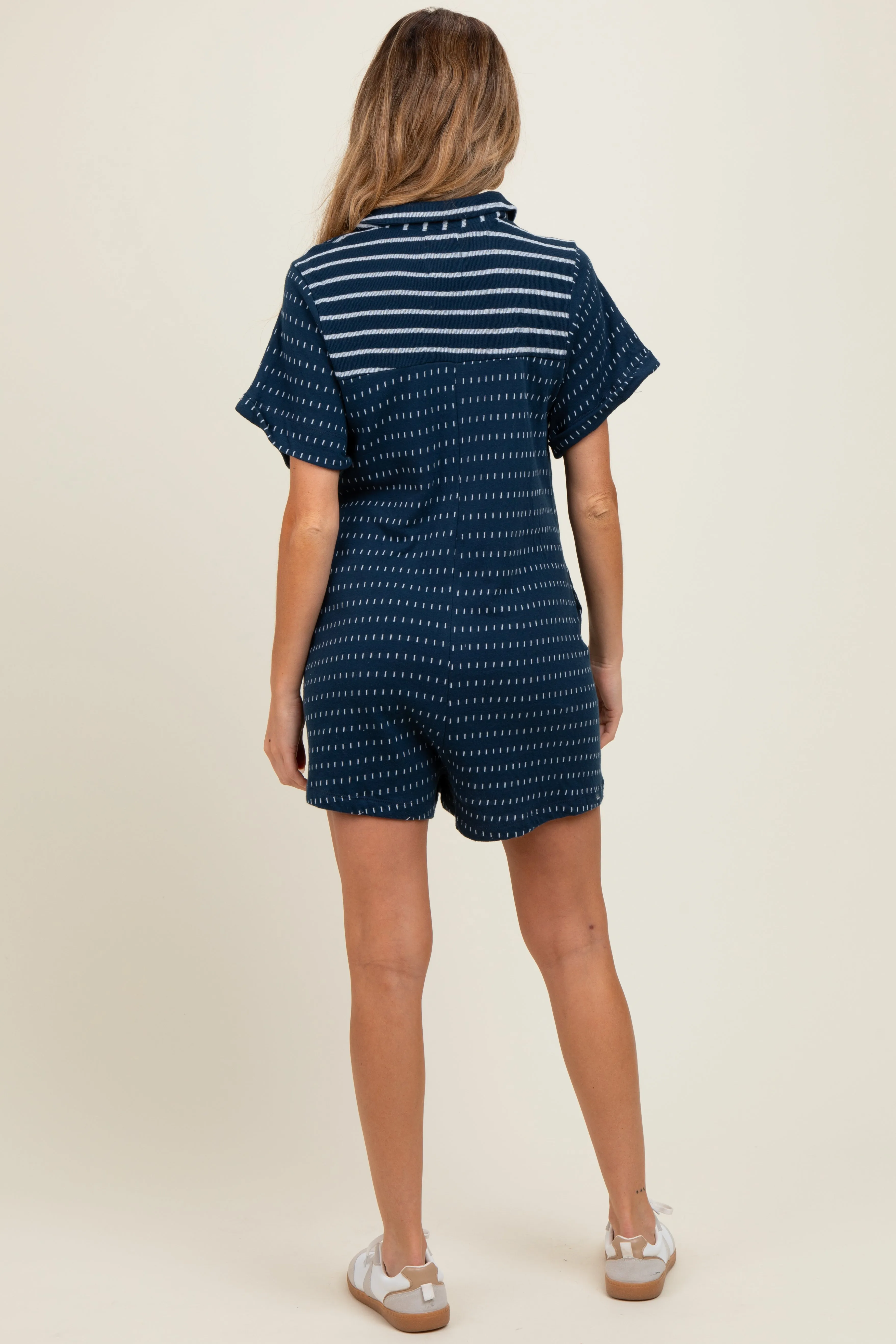 Navy Contrast Print Collared Button Up Maternity Romper sold by Pinkblush product image thumbnail 4