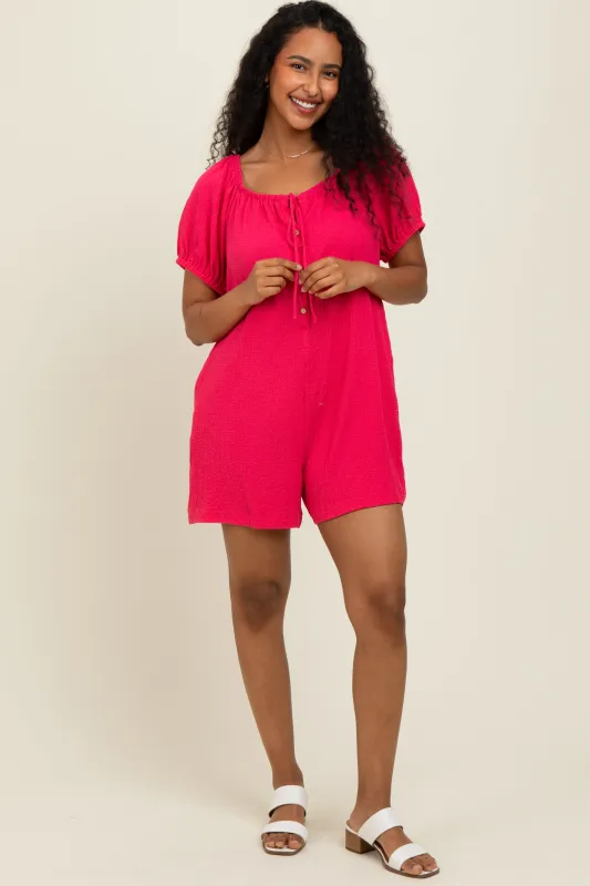 Fuchsia Button Up Front Tie Puff Sleeve Romper sold by Pinkblush