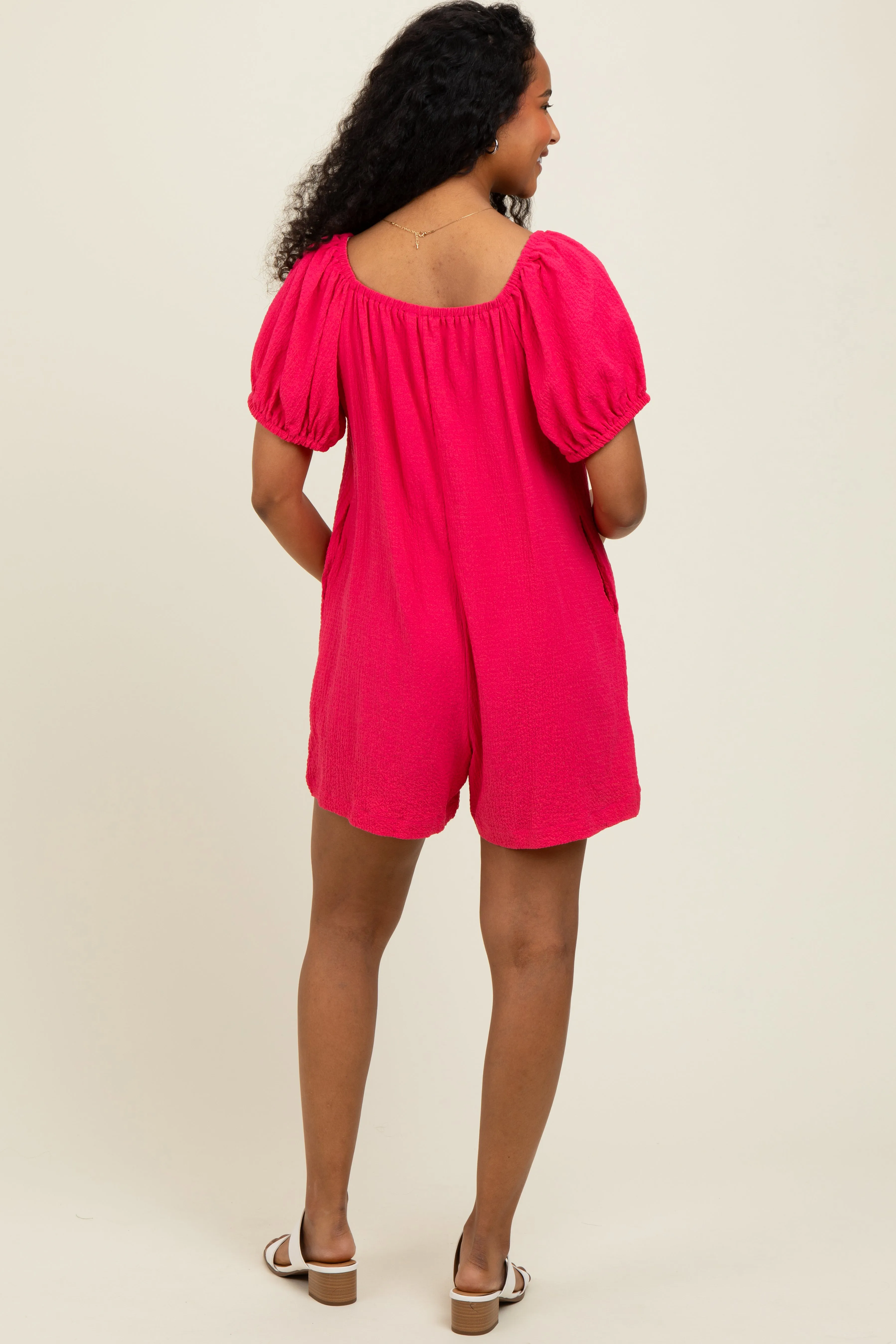 Fuchsia Button Up Front Tie Puff Sleeve Romper sold by Pinkblush product image thumbnail 3