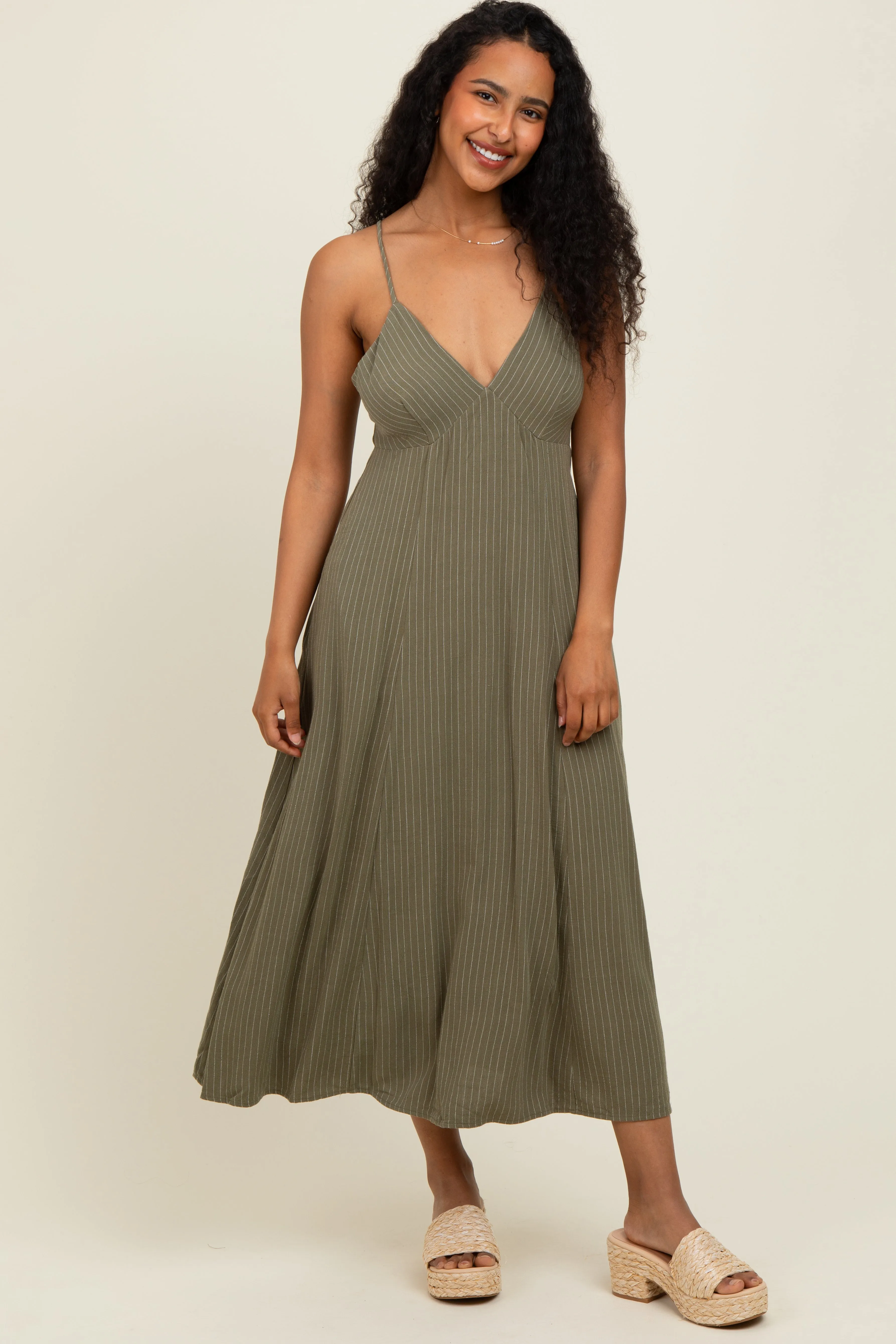 Olive/White Linen Striped Midi Dress sold by Pinkblush