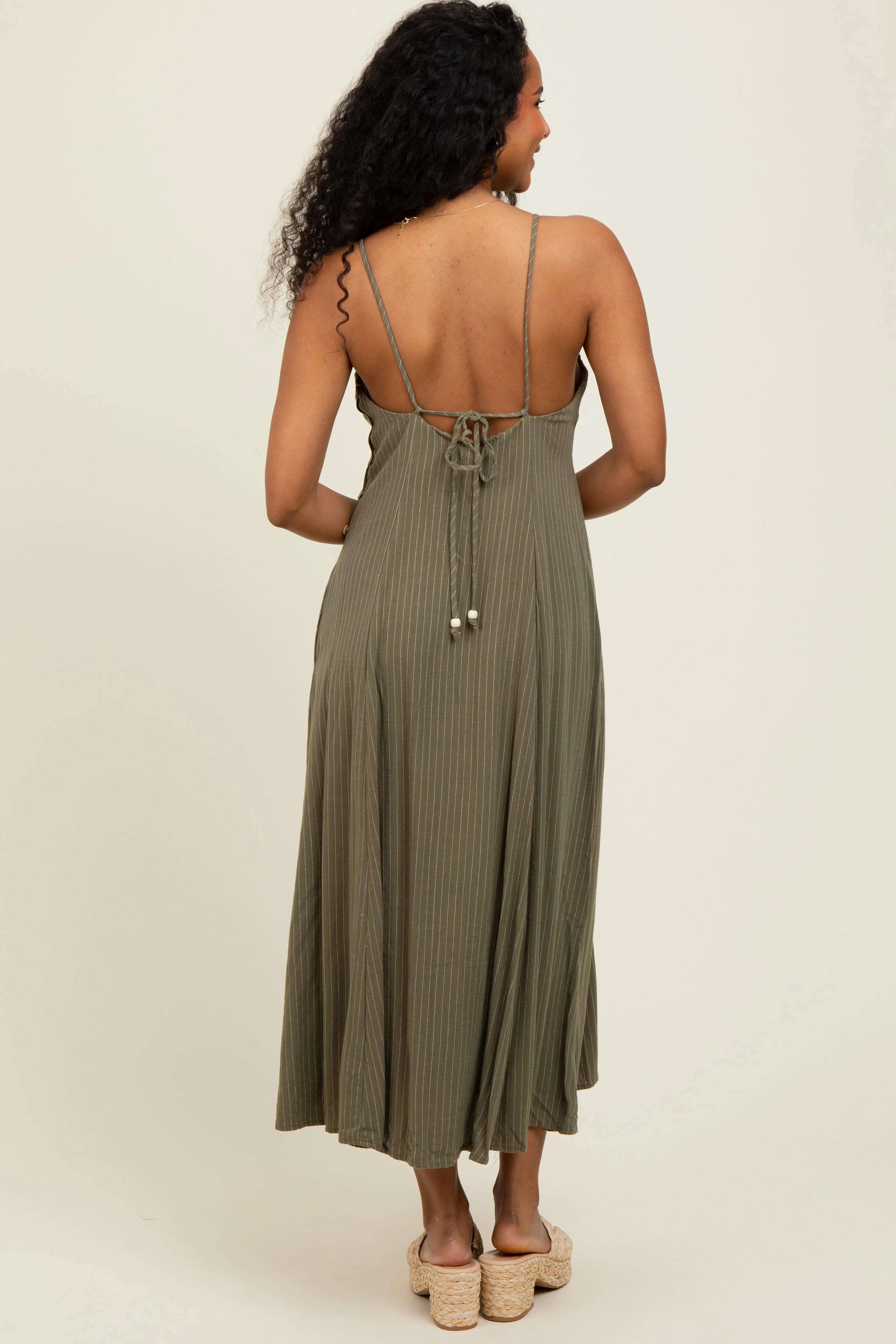 Olive/White Linen Striped Midi Dress sold by Pinkblush product image thumbnail 3