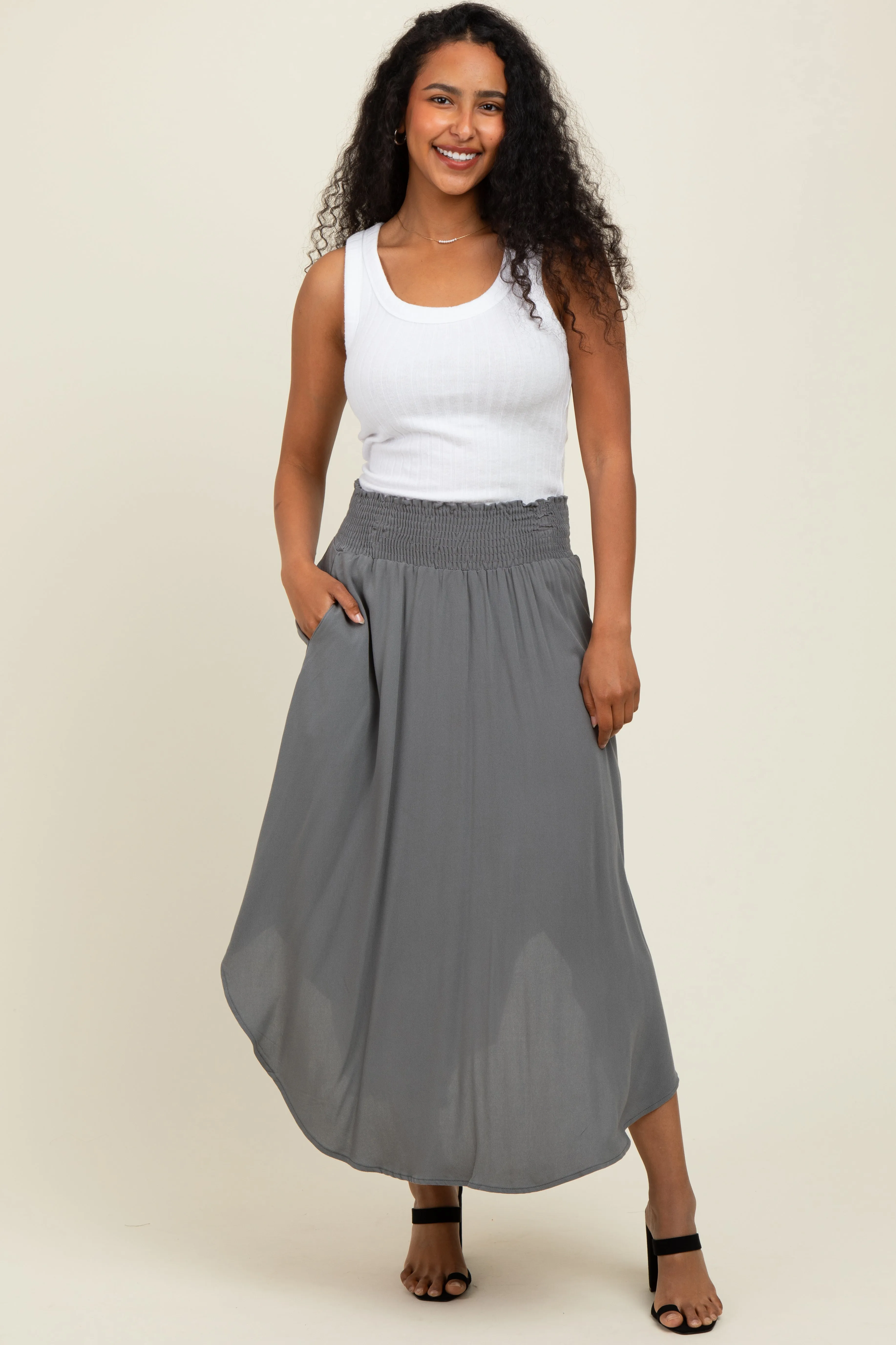 Charcoal Smocked Waist Rounded Hem Midi Skirt sold by Pinkblush