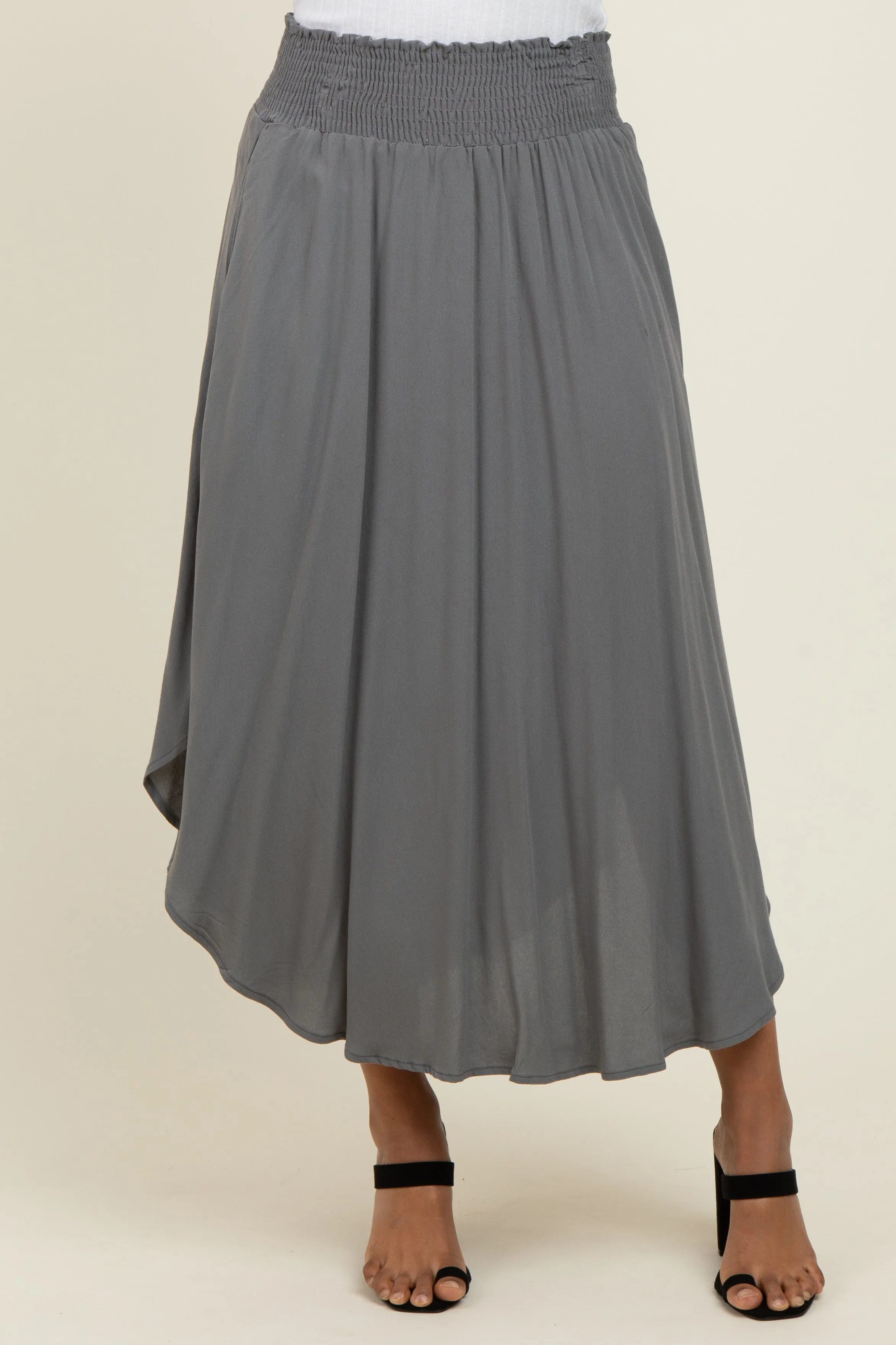 Charcoal Smocked Waist Rounded Hem Midi Skirt sold by Pinkblush product image thumbnail 2