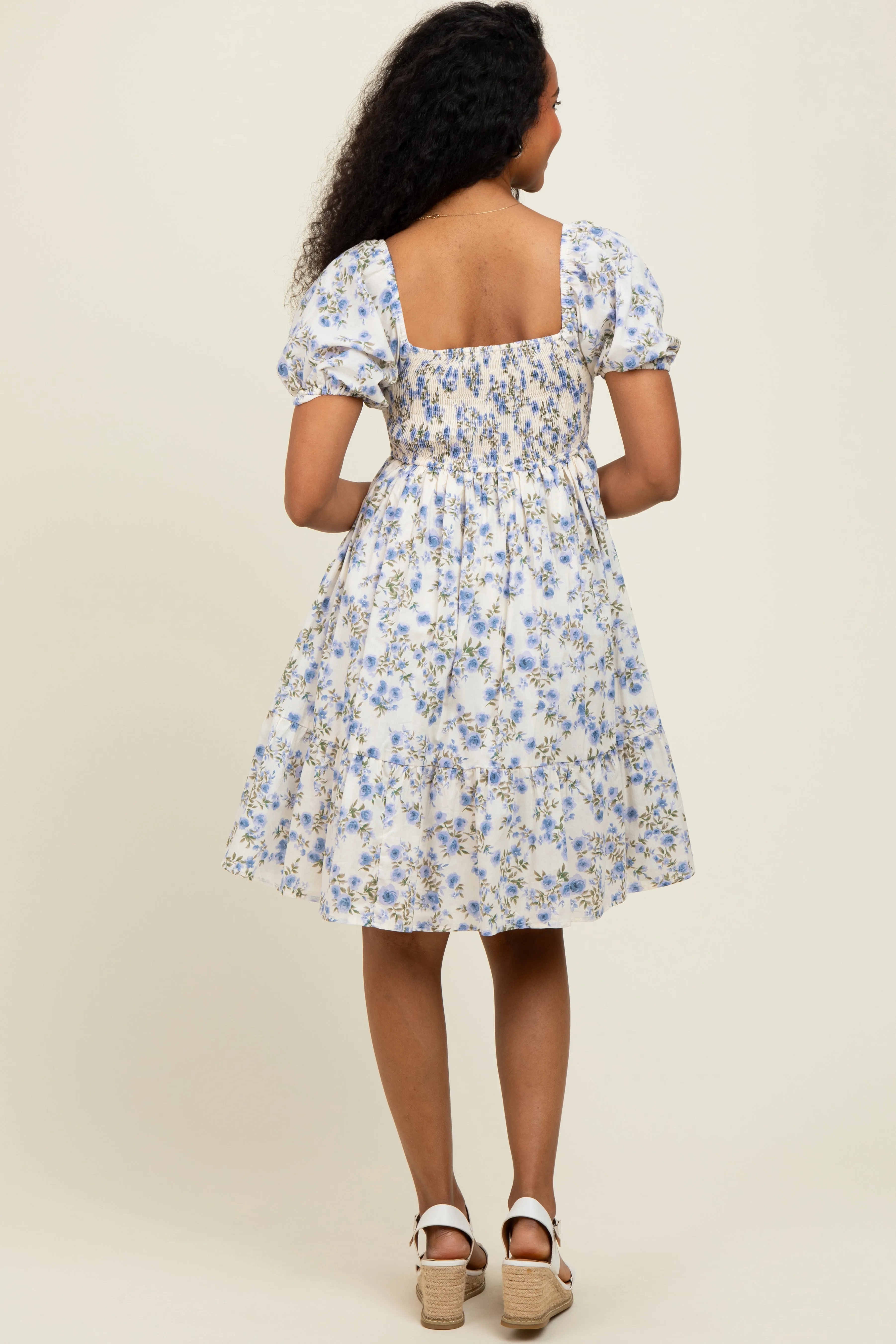 Cream/Lavender Ruched Bust Puff Sleeve Floral Cotton Mini Dress sold by Pinkblush product image thumbnail 3