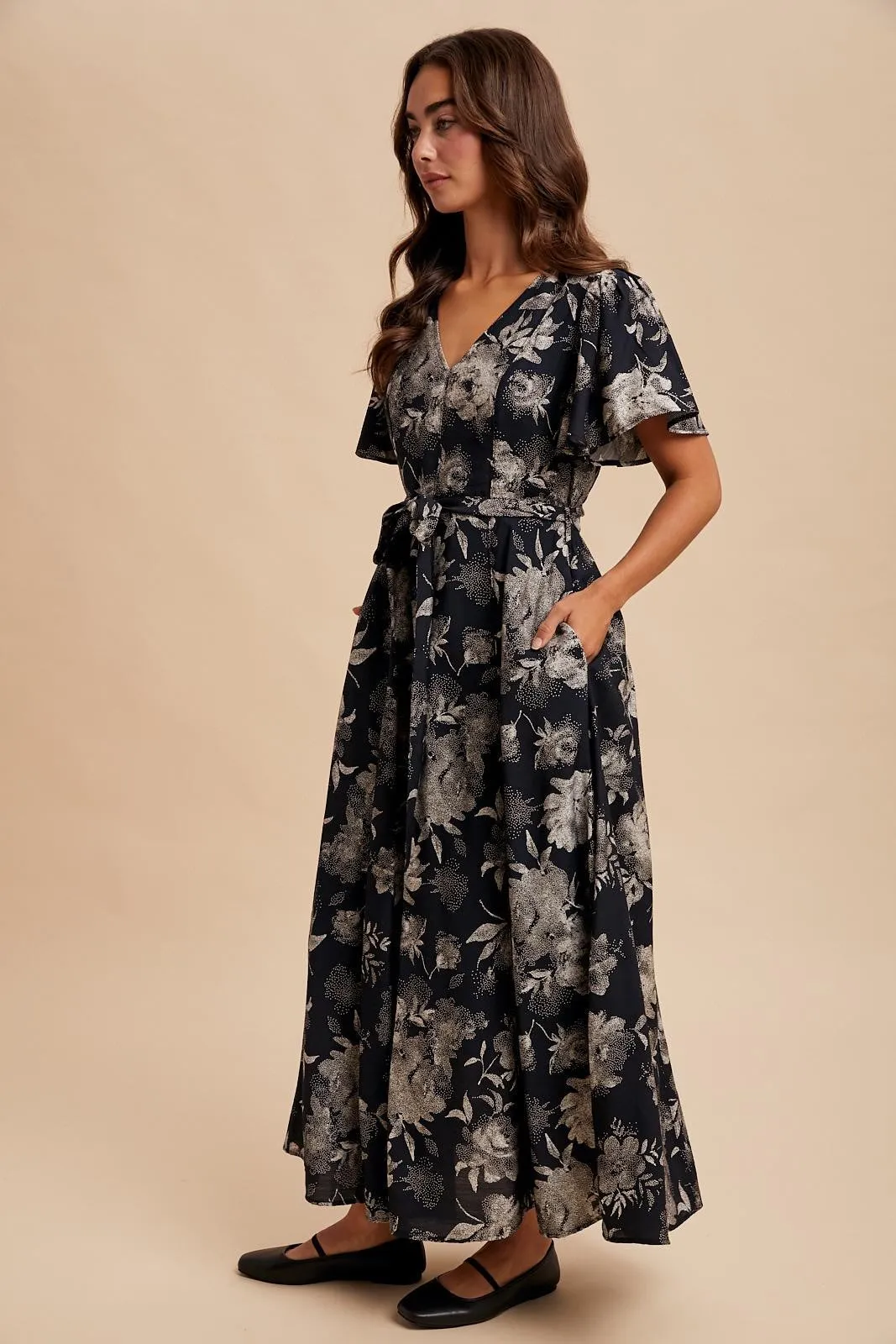 Black Multi Floral Flutter Sleeve Maxi Dress sold by Pinkblush product image thumbnail 3